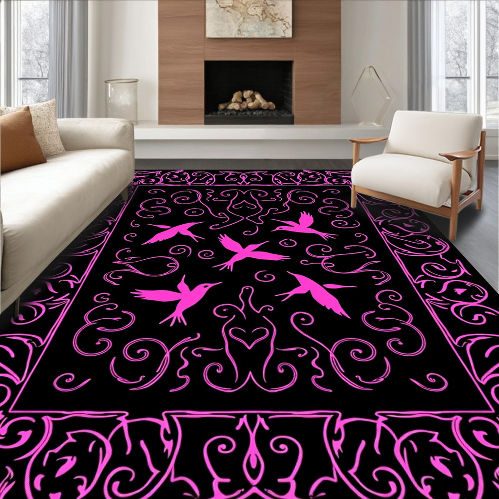 Pink Birds Floral Scrollwork Medallion Rug