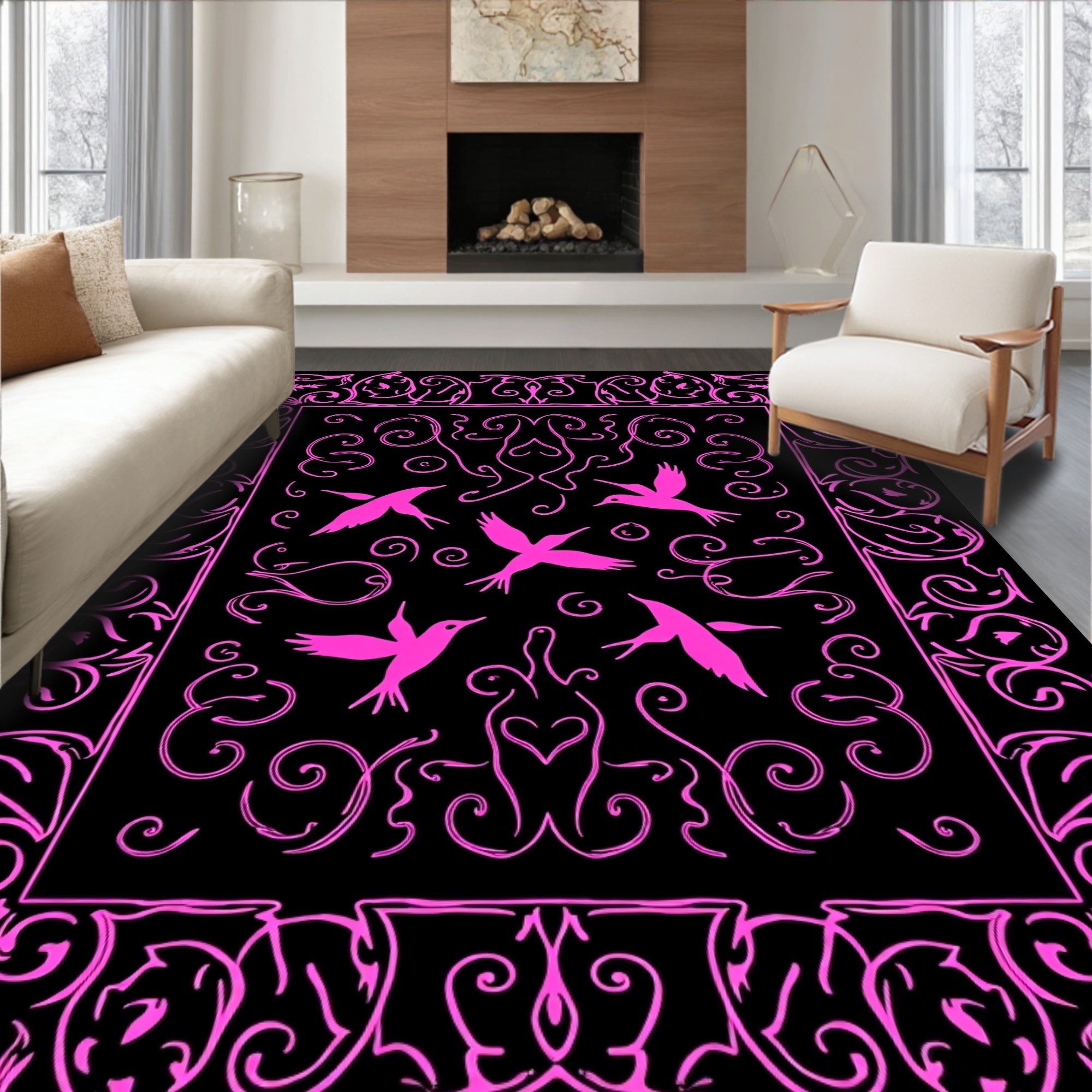 Pink Birds Floral Scrollwork Medallion Rug