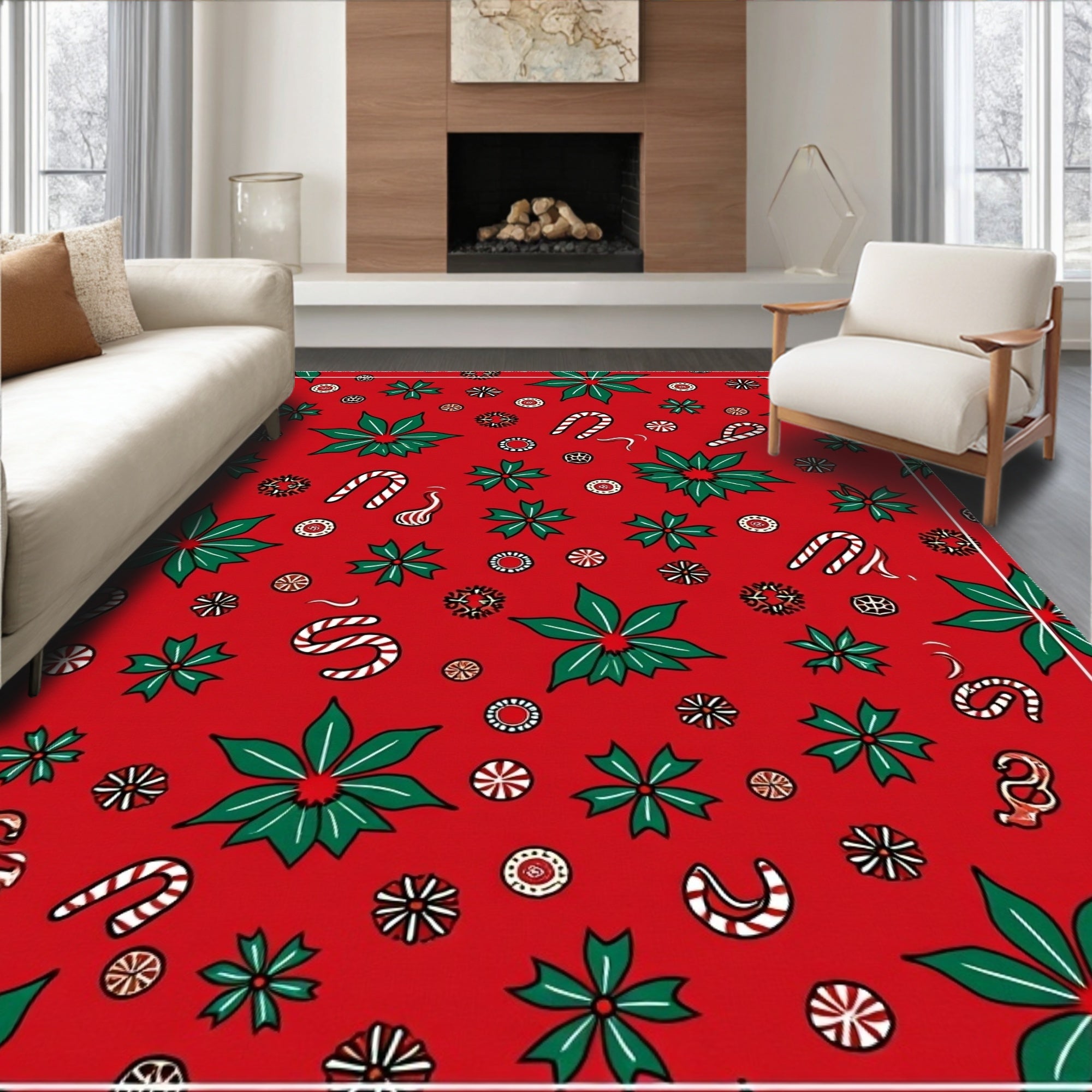 Festive Red Poinsettia Candy Cane Collage Rug