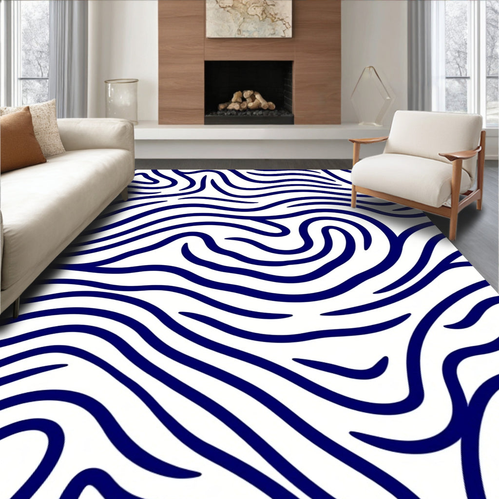 Deep Blue Organic Wavy Lines Rug