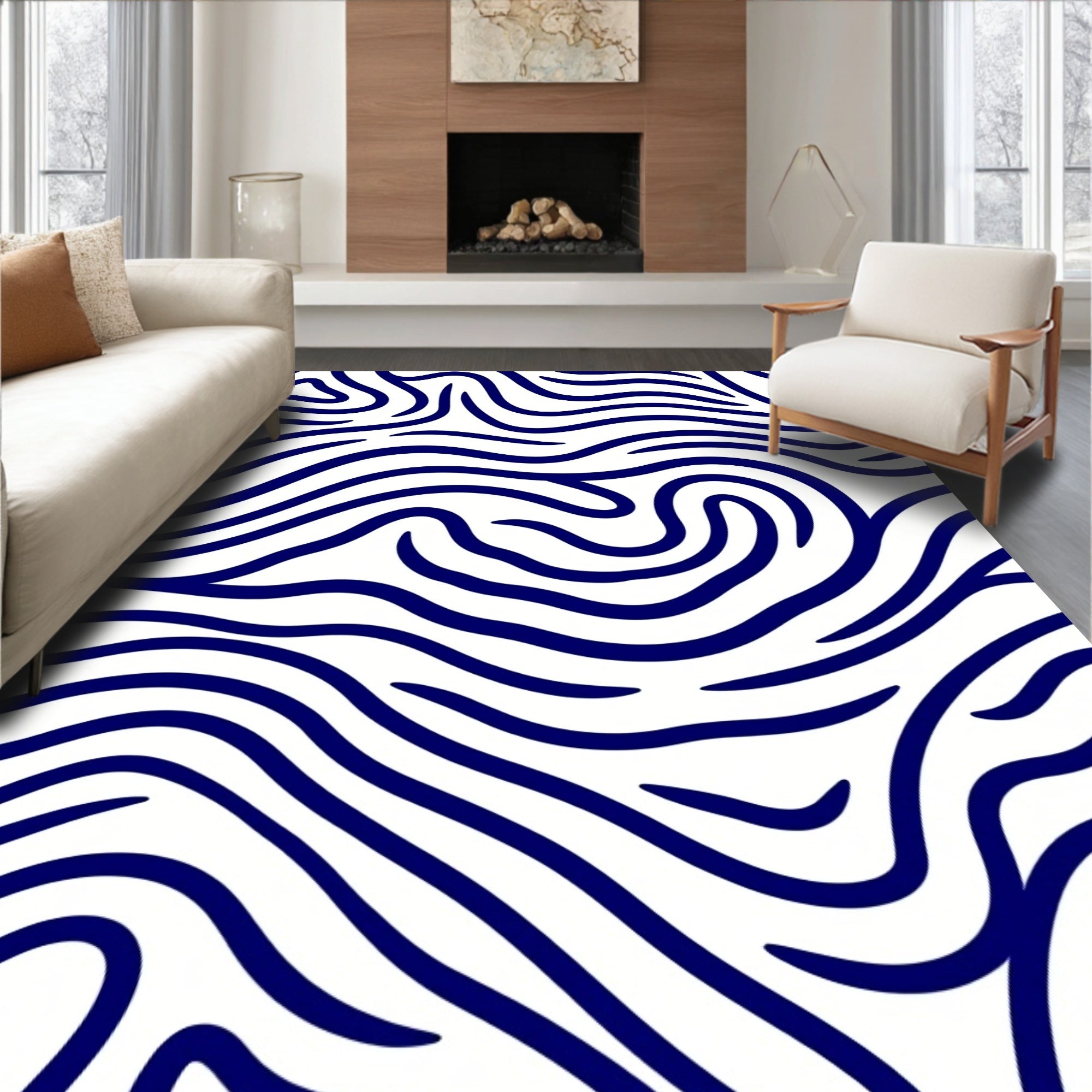 Deep Blue Organic Wavy Lines Rug