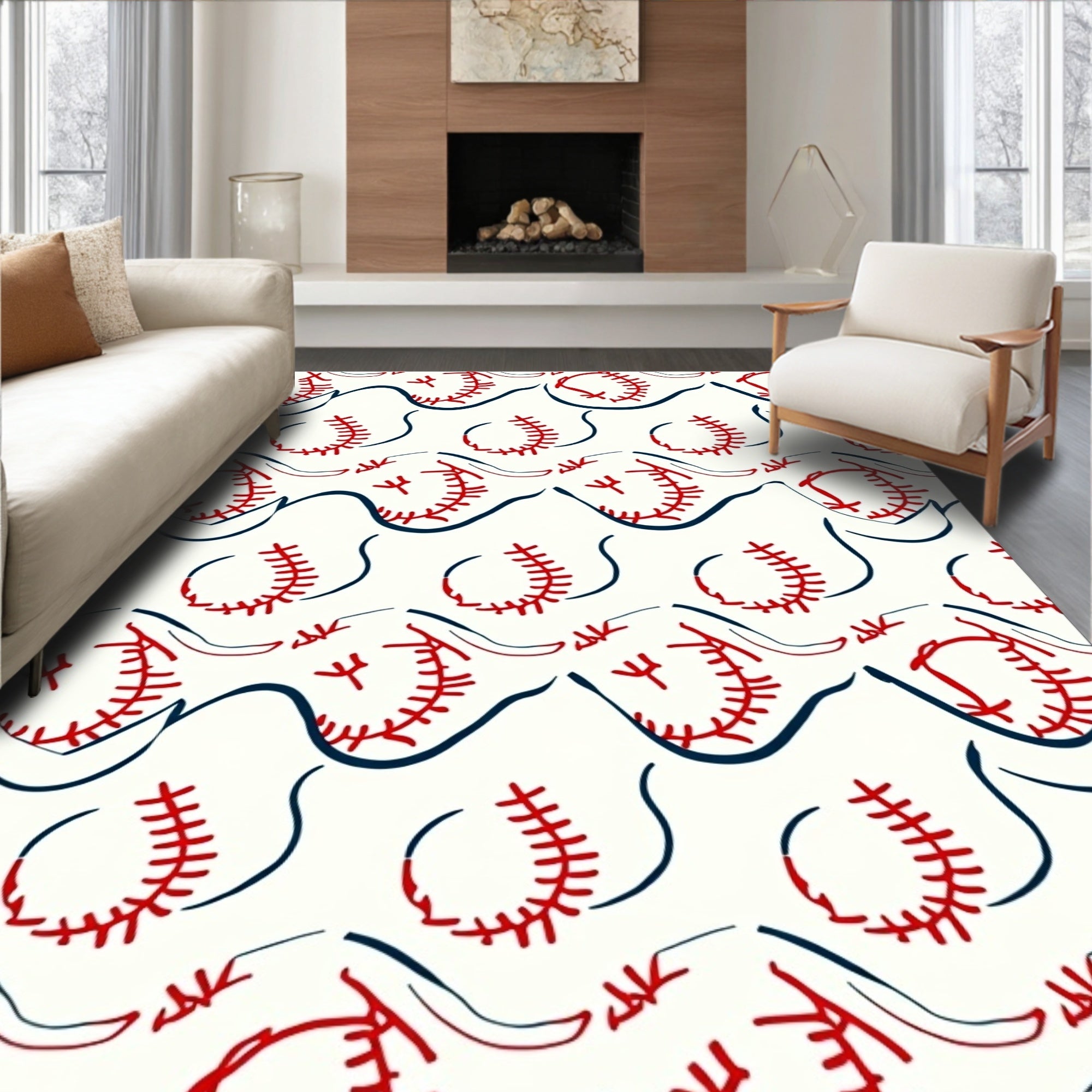 Red Baseball Swirls Cream Rug