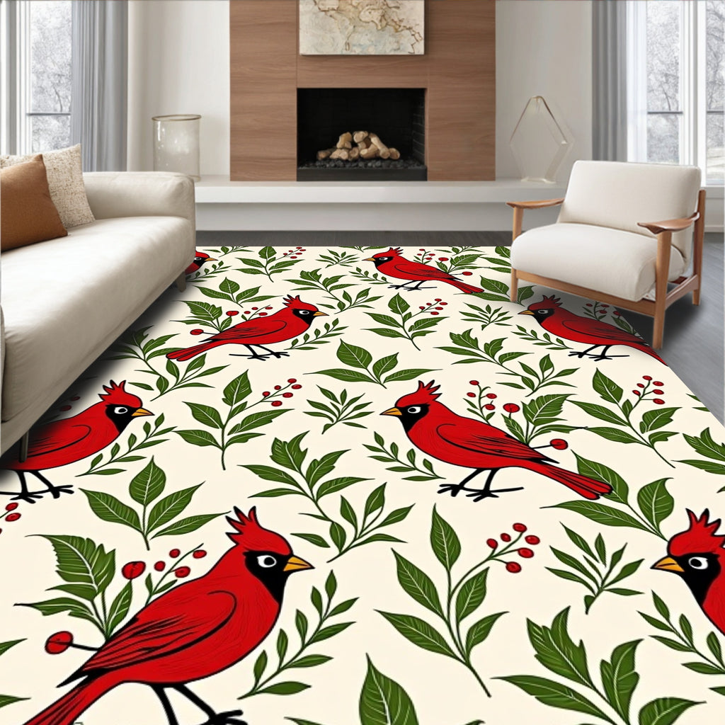 Crimson Cardinal Berry Botanical Illustration Rug