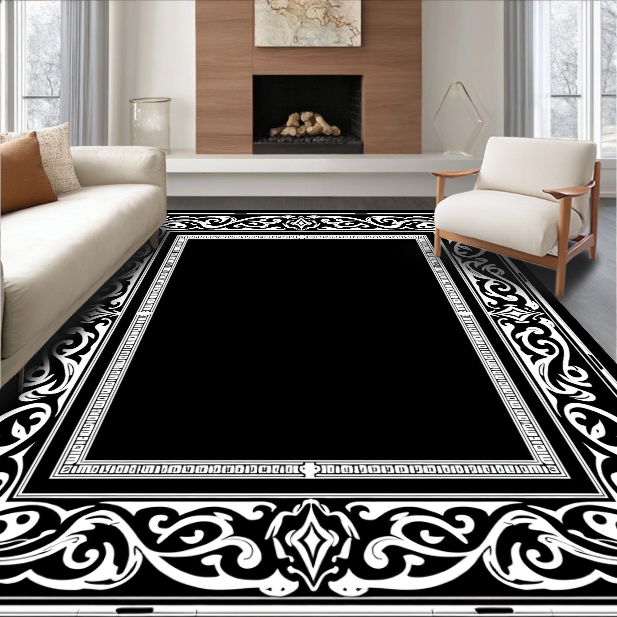 Elegant Black White Scrollwork Frame Rug
