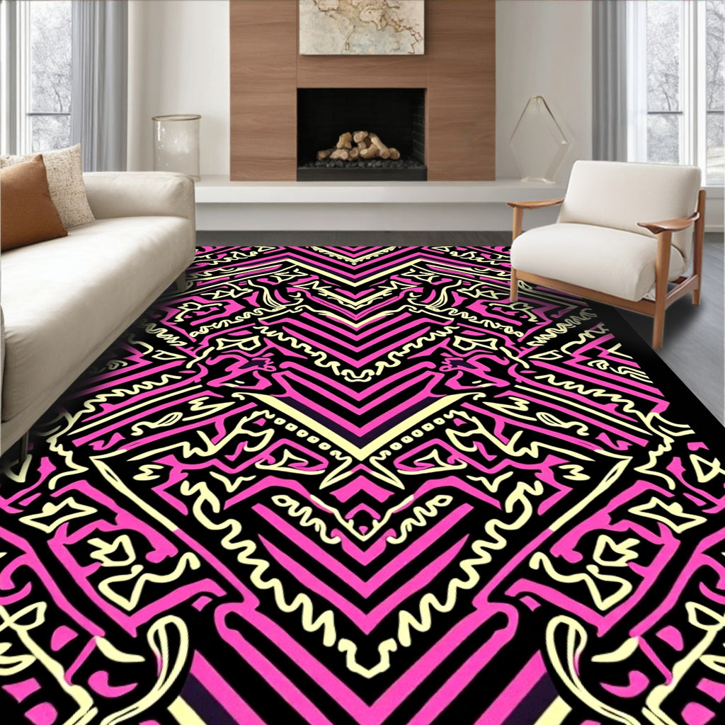 Vibrant Pink Black Geometric Abstract Rug