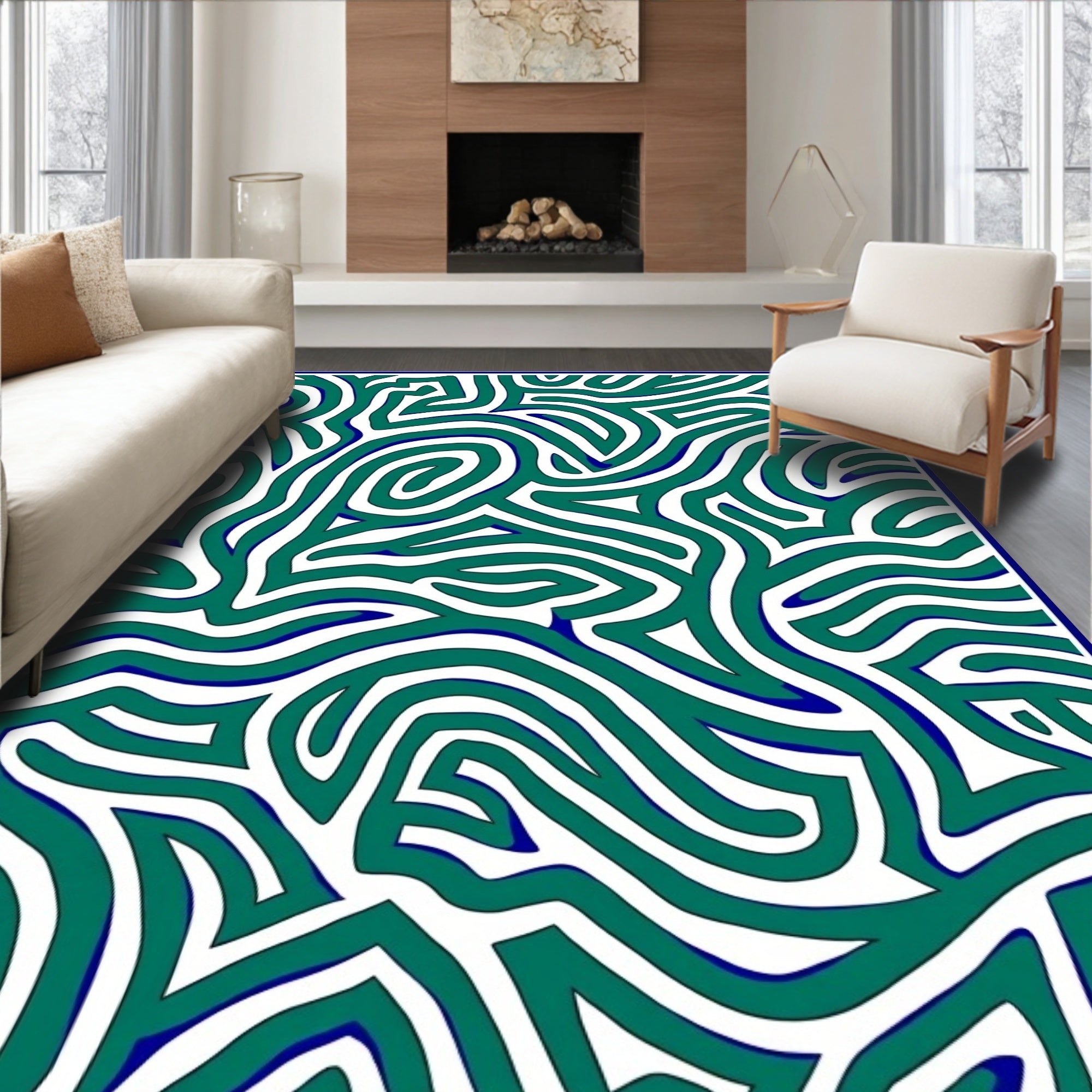 Teal White Abstract Maze Rug