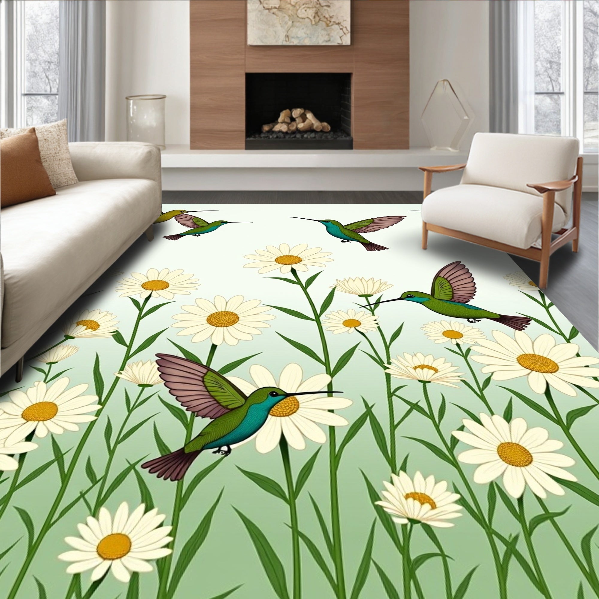 Whimsical Hummingbird Daisy Garden Rug