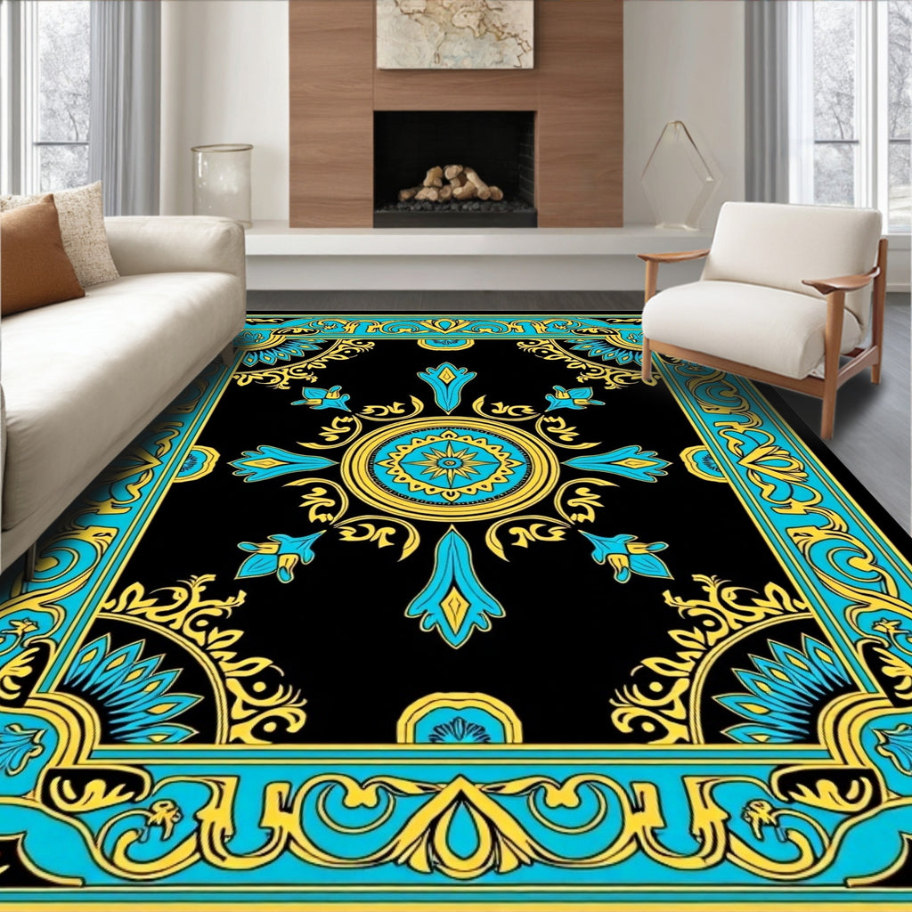 Black and Teal Floral Medallion Rug