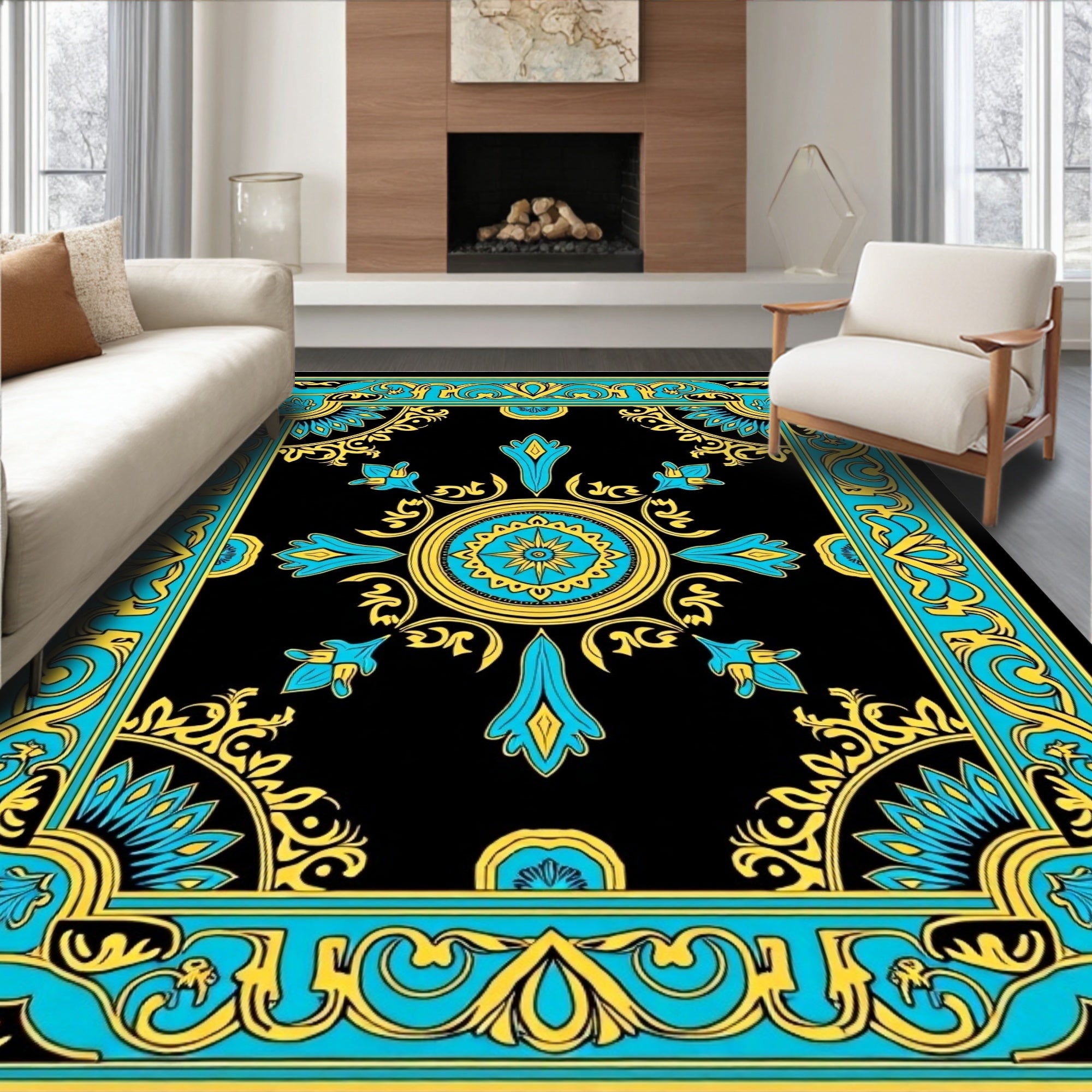 Black and Teal Floral Medallion Rug