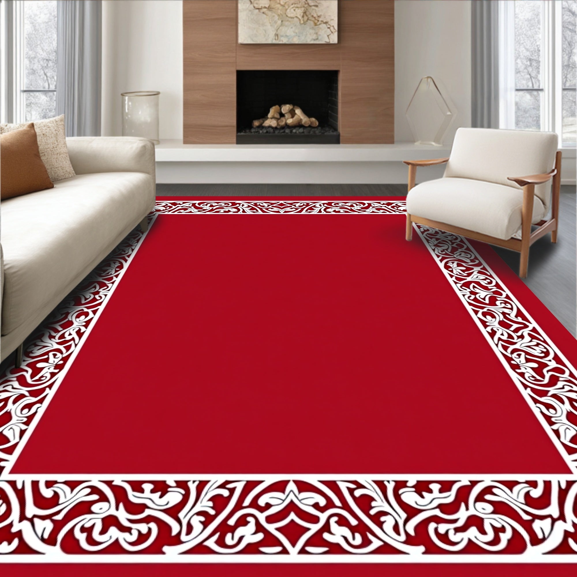 Crimson White Filigree Scrollwork Border Rug