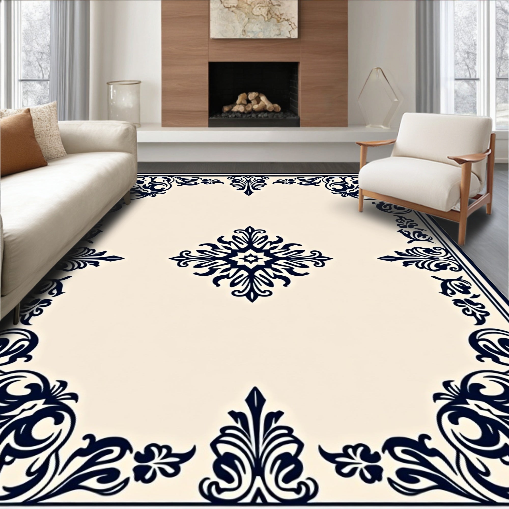Ornate Navy Medallion Cream Rug