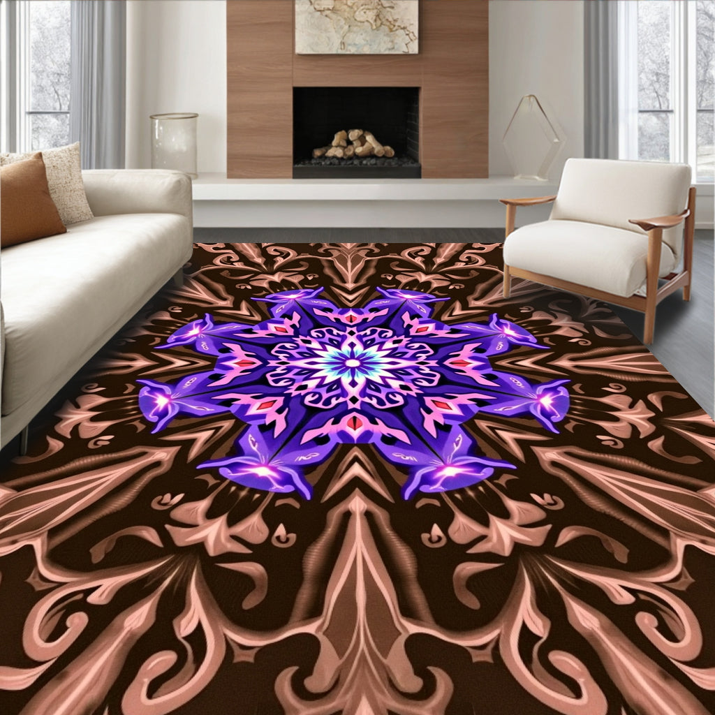 Vibrant Purple Floral Medallion Brown Symmetrical Rug