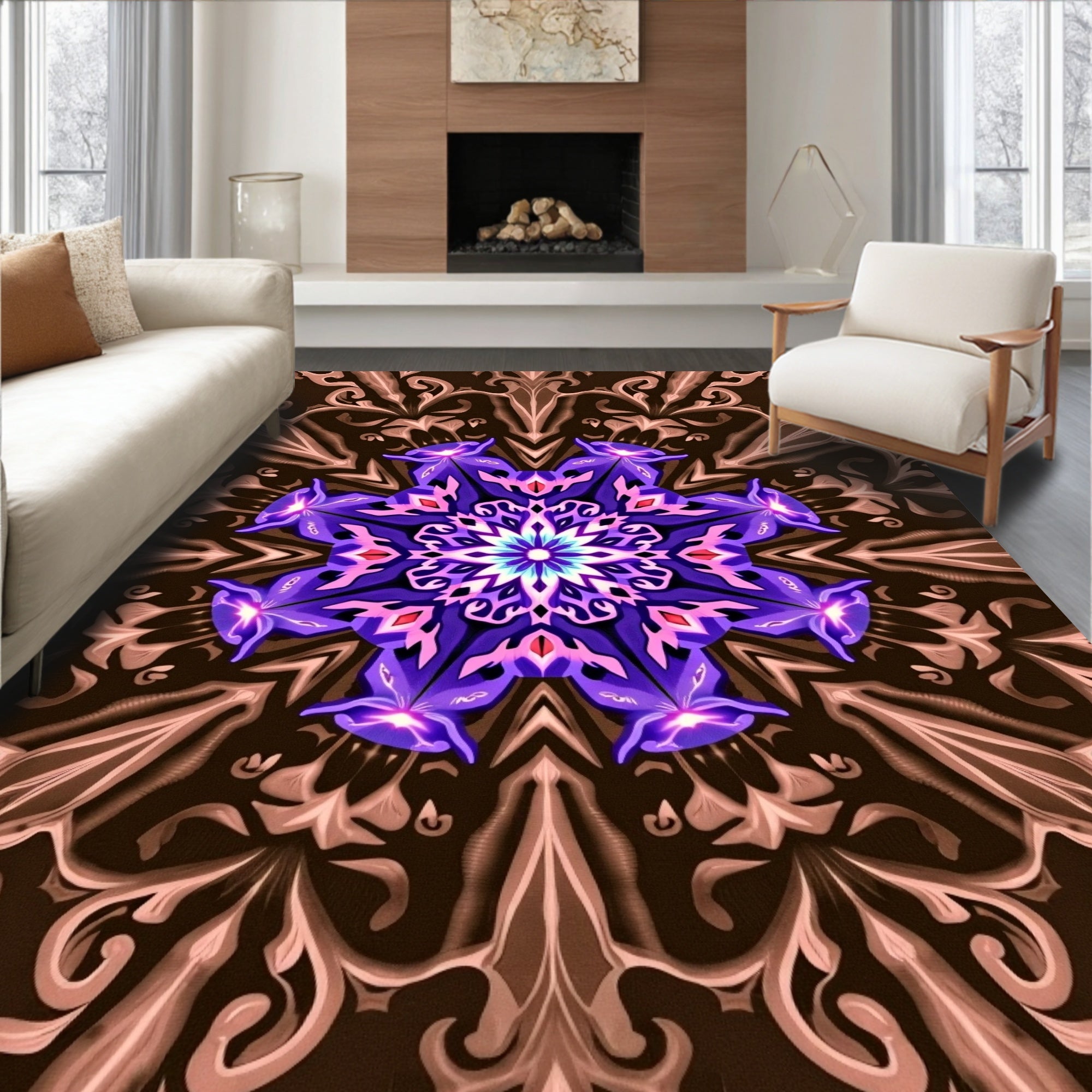 Vibrant Purple Floral Medallion Brown Symmetrical Rug