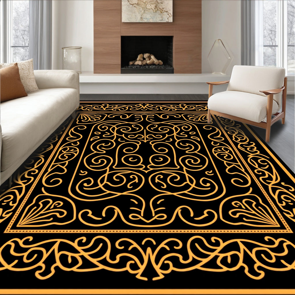 Ornate Golden Scrollwork Intricate Square Rug
