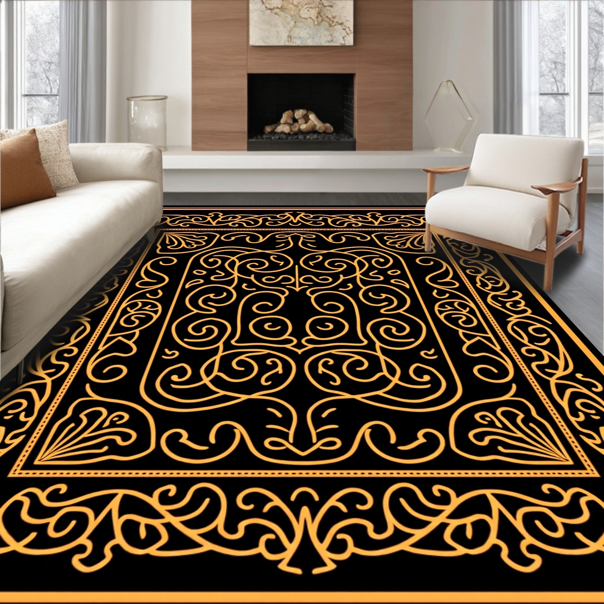 Ornate Golden Scrollwork Intricate Square Rug