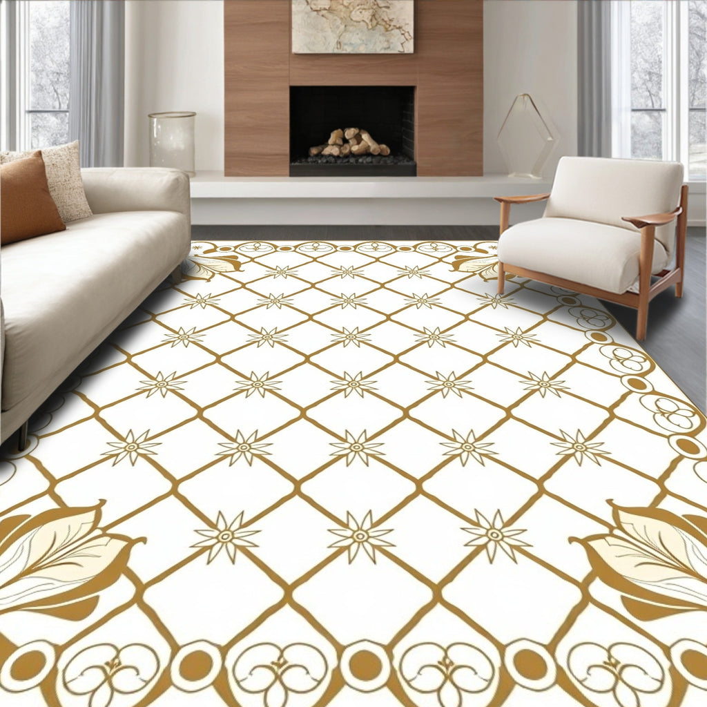 Golden Floral Lattice Square Rug