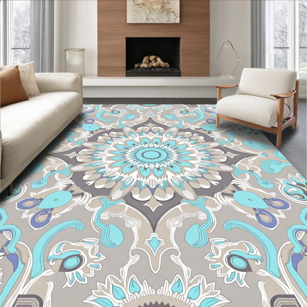 Sky Blue Gray Medallion Fabric Rug