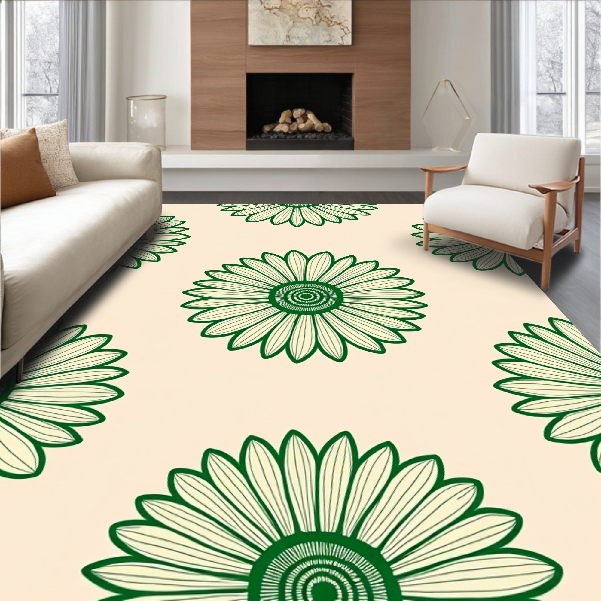 Verdant Green Daisy Blossom Repeater Rug