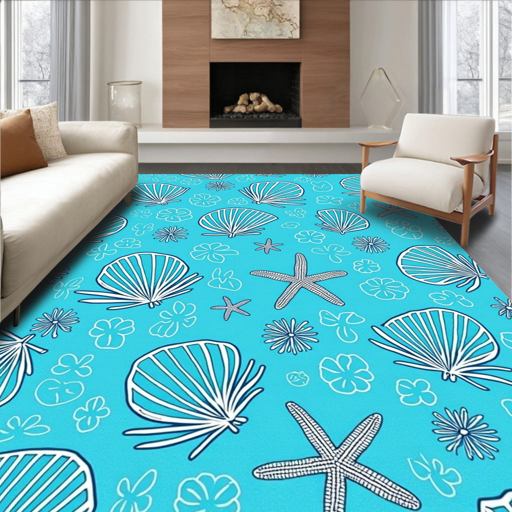 Blue Seashell Starfish Floral Collage Rug