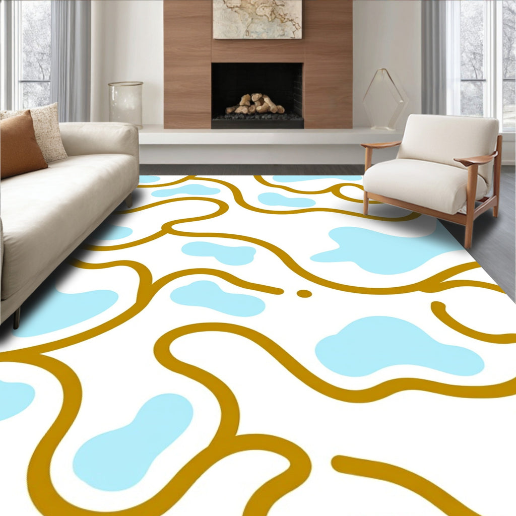 Abstract Gold Curvy Lines Light Blue Shapes Rug
