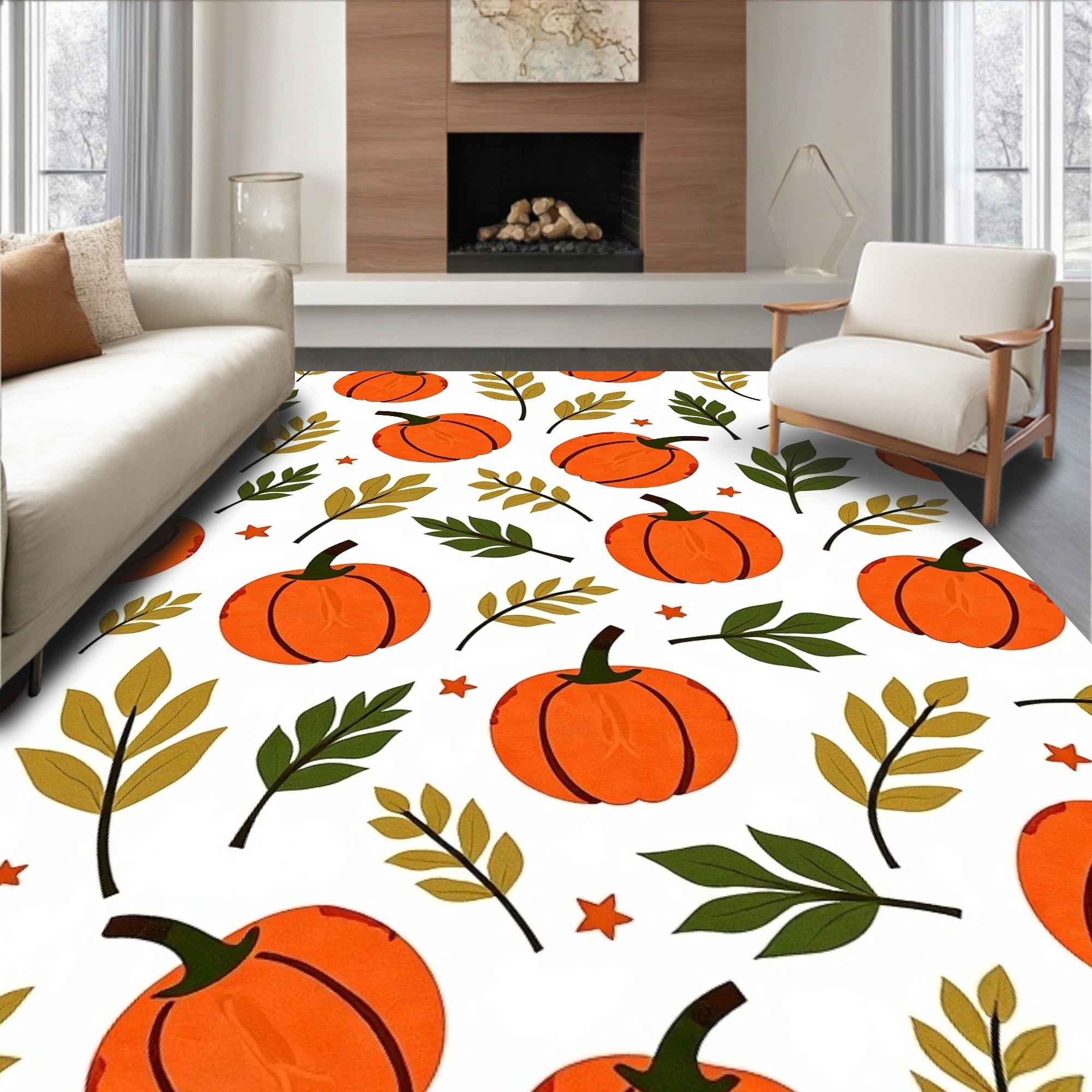 Autumn Orange Pumpkin Leaf Scatter Rug
