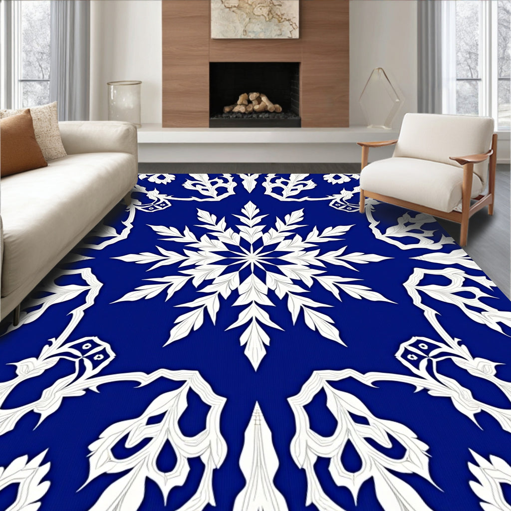Royal Blue White Intricate Floral Medallion Rug
