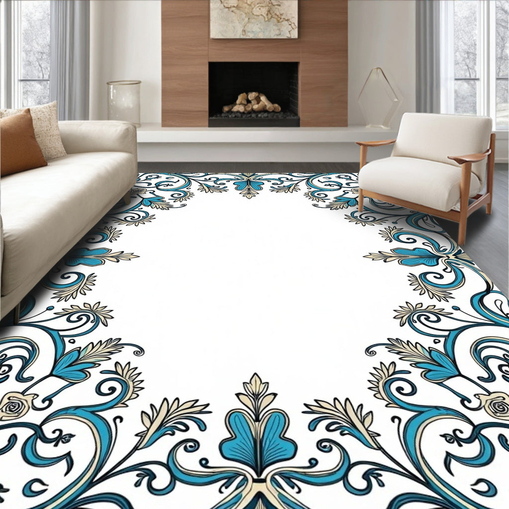 Blue and Cream Floral Scrollwork Rug