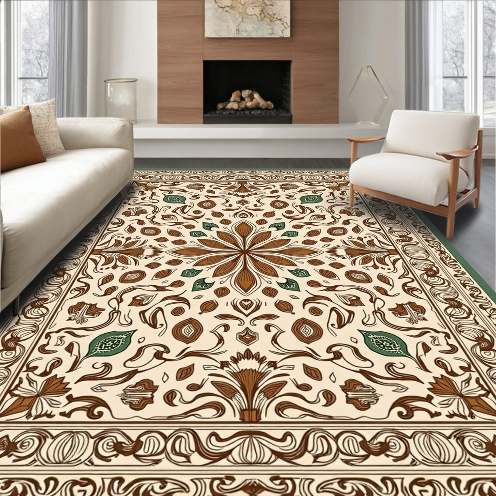 Cream Brown Floral Scroll Border Rug