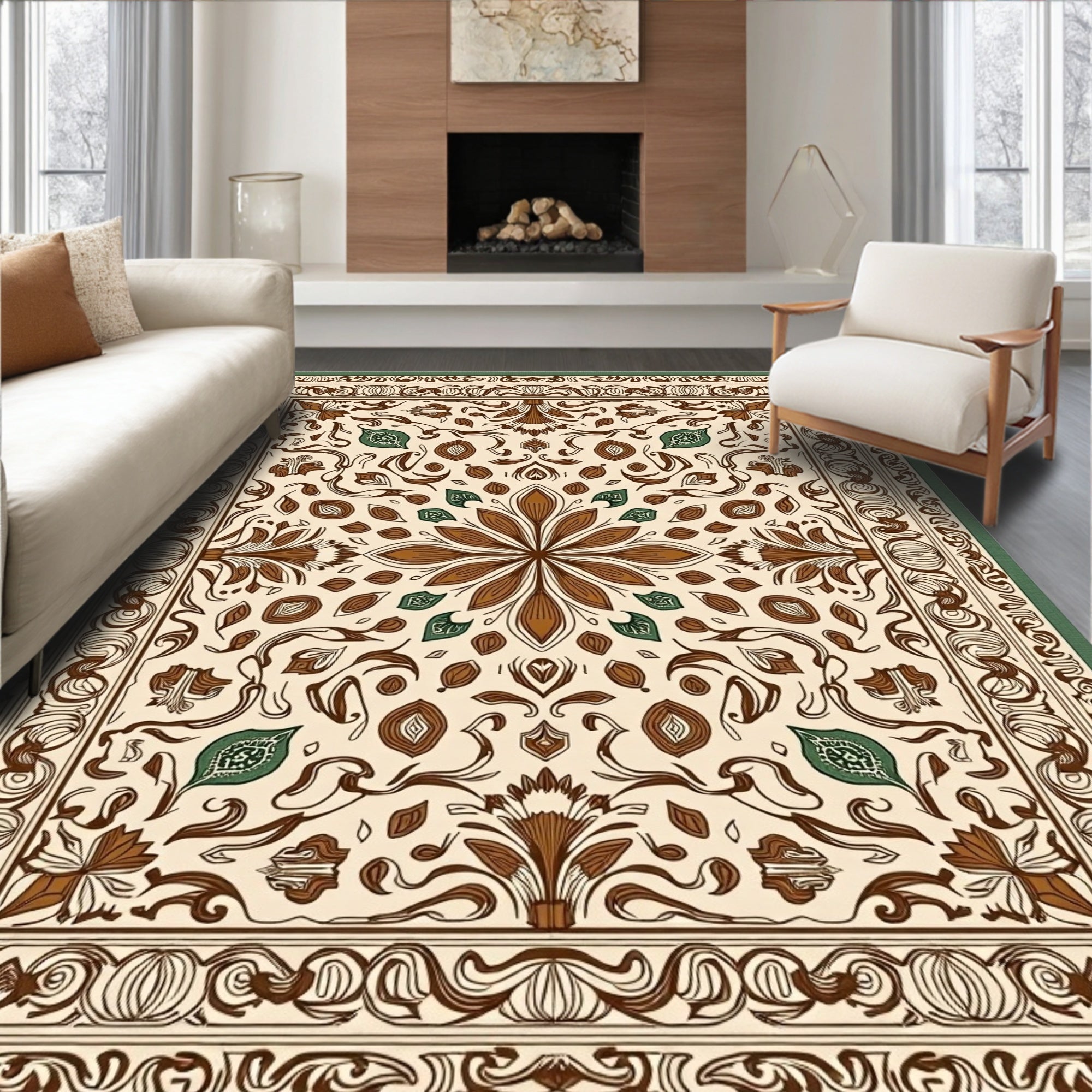 Cream Brown Floral Scroll Border Rug