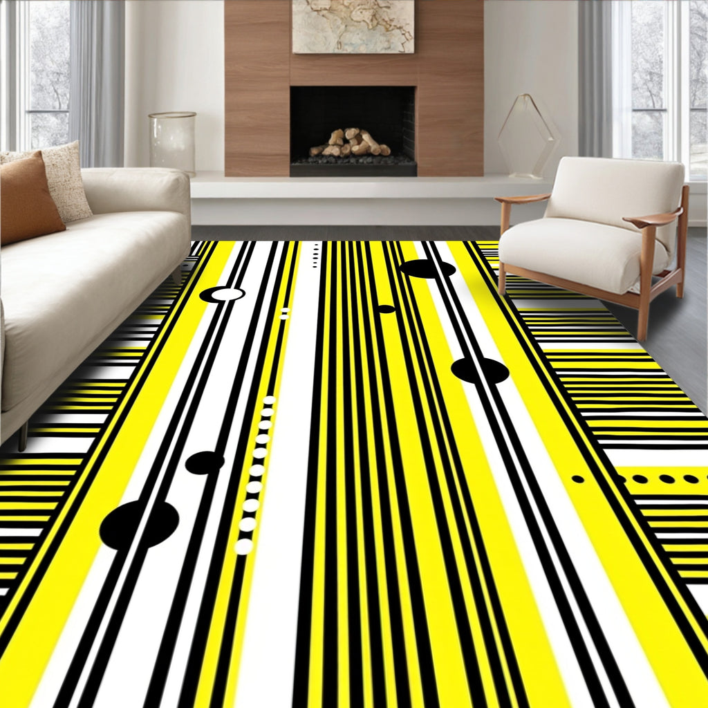 Modern Yellow Black Stripe Orb Rug