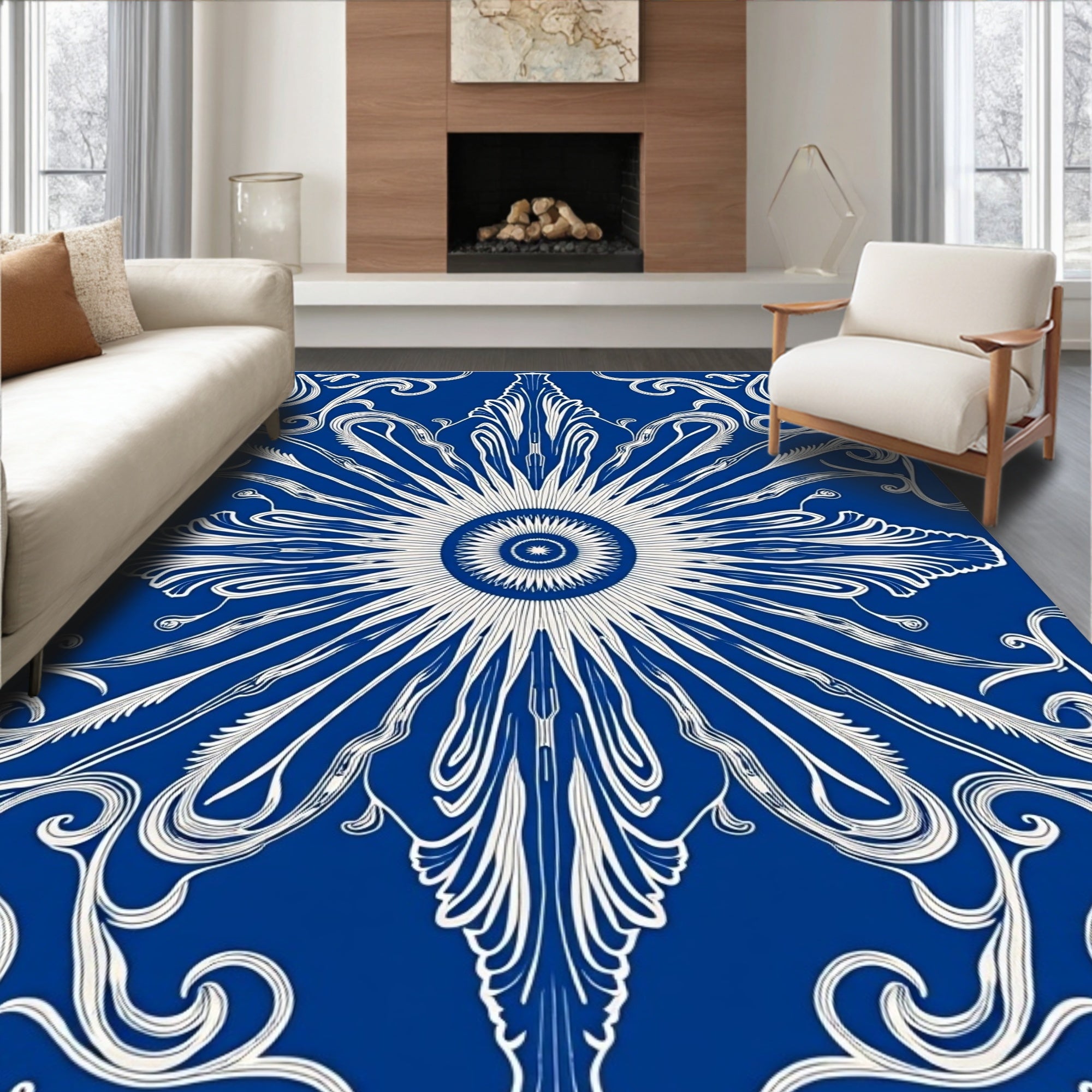 Elegant Cobalt Sunburst Swirl Rug