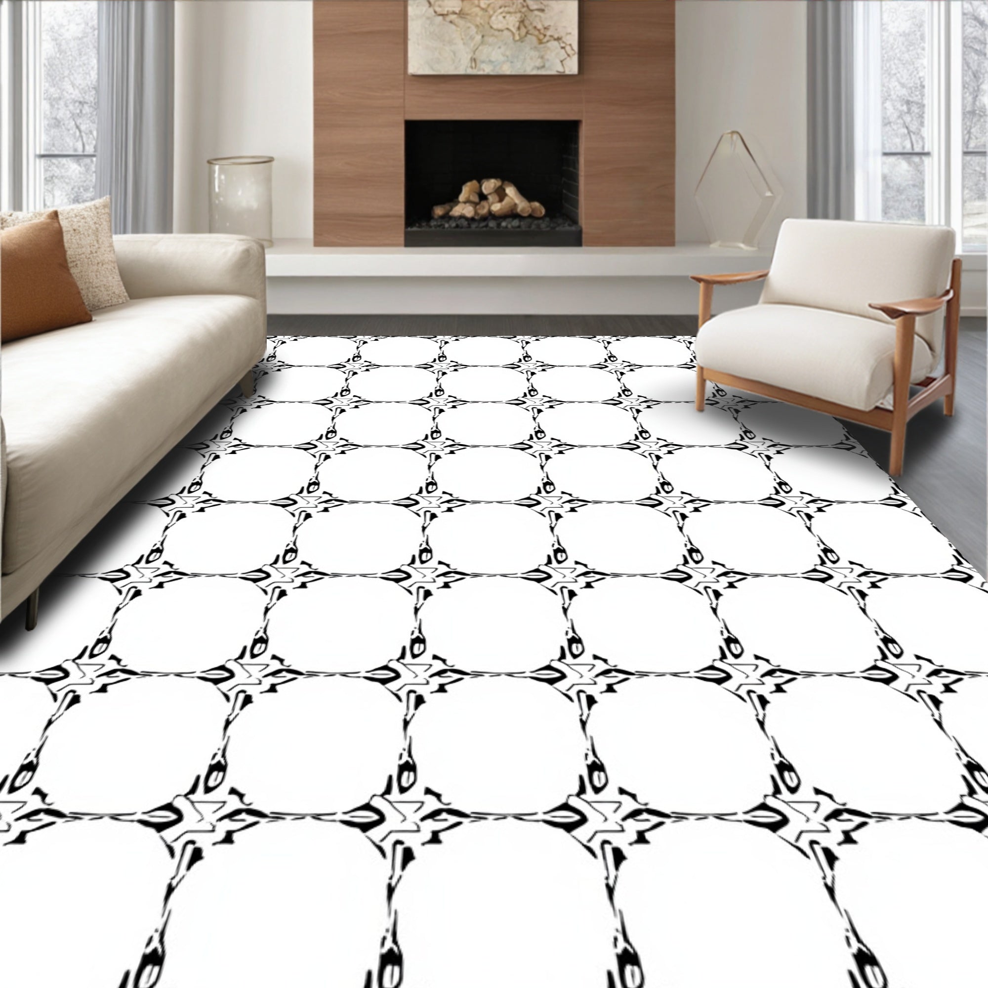 Black White Interlocking Circles Grid Rug