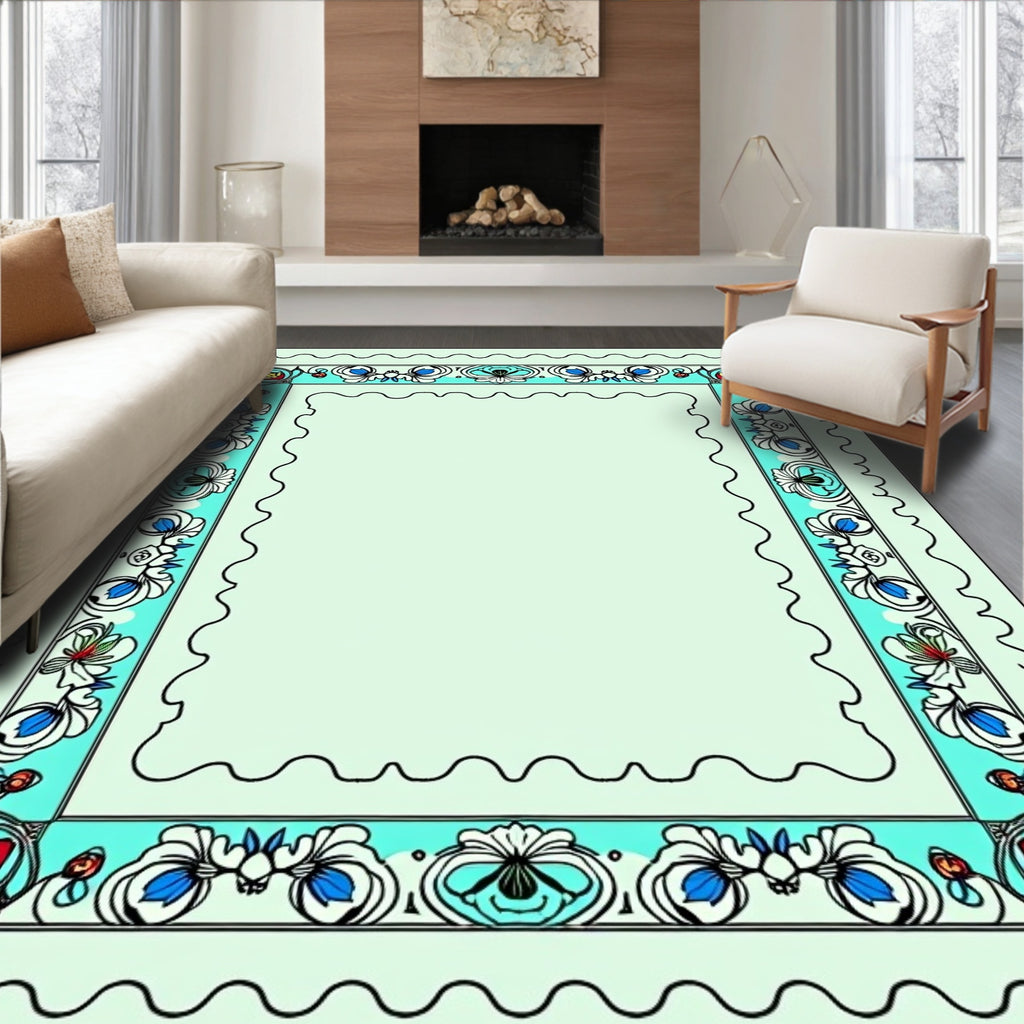 Aqua White Floral Border Rectangular Rug