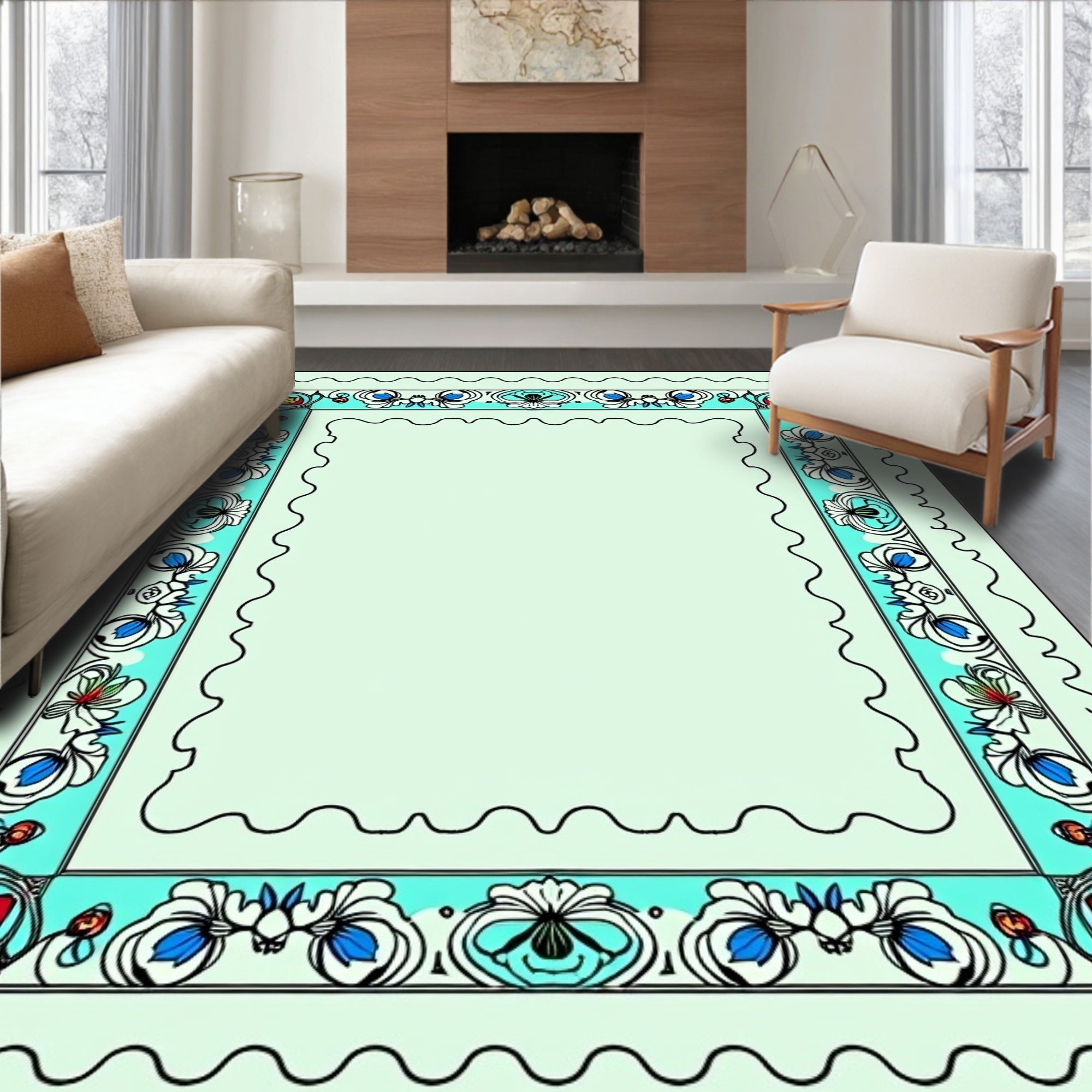 Aqua White Floral Border Rectangular Rug