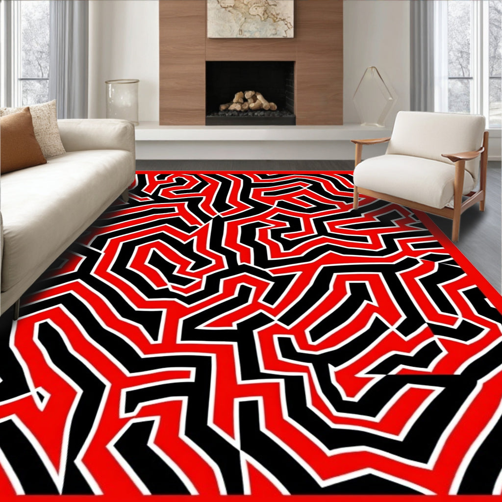 Bold Red Black Geometric Maze Rug