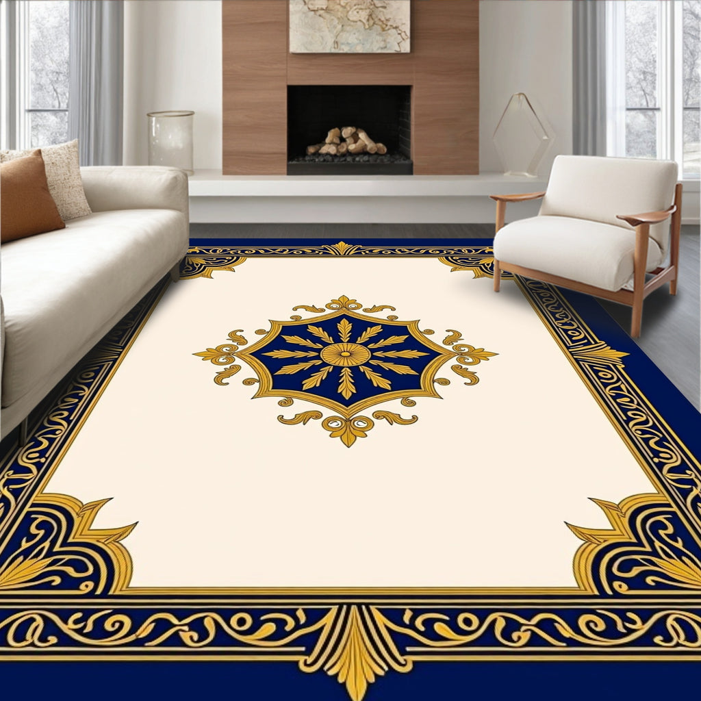 Ornate Blue Gold Medallion Border Rug