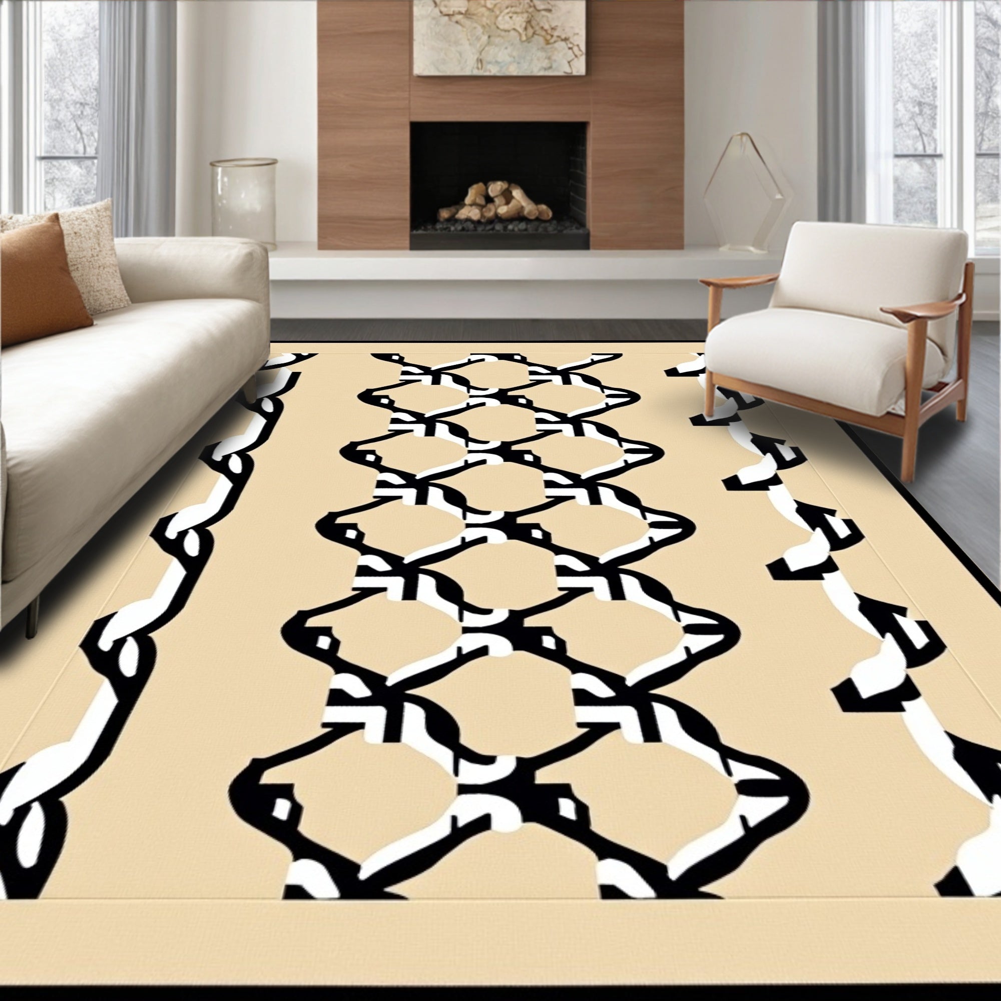 Cream Black Geometric Lattice Rug