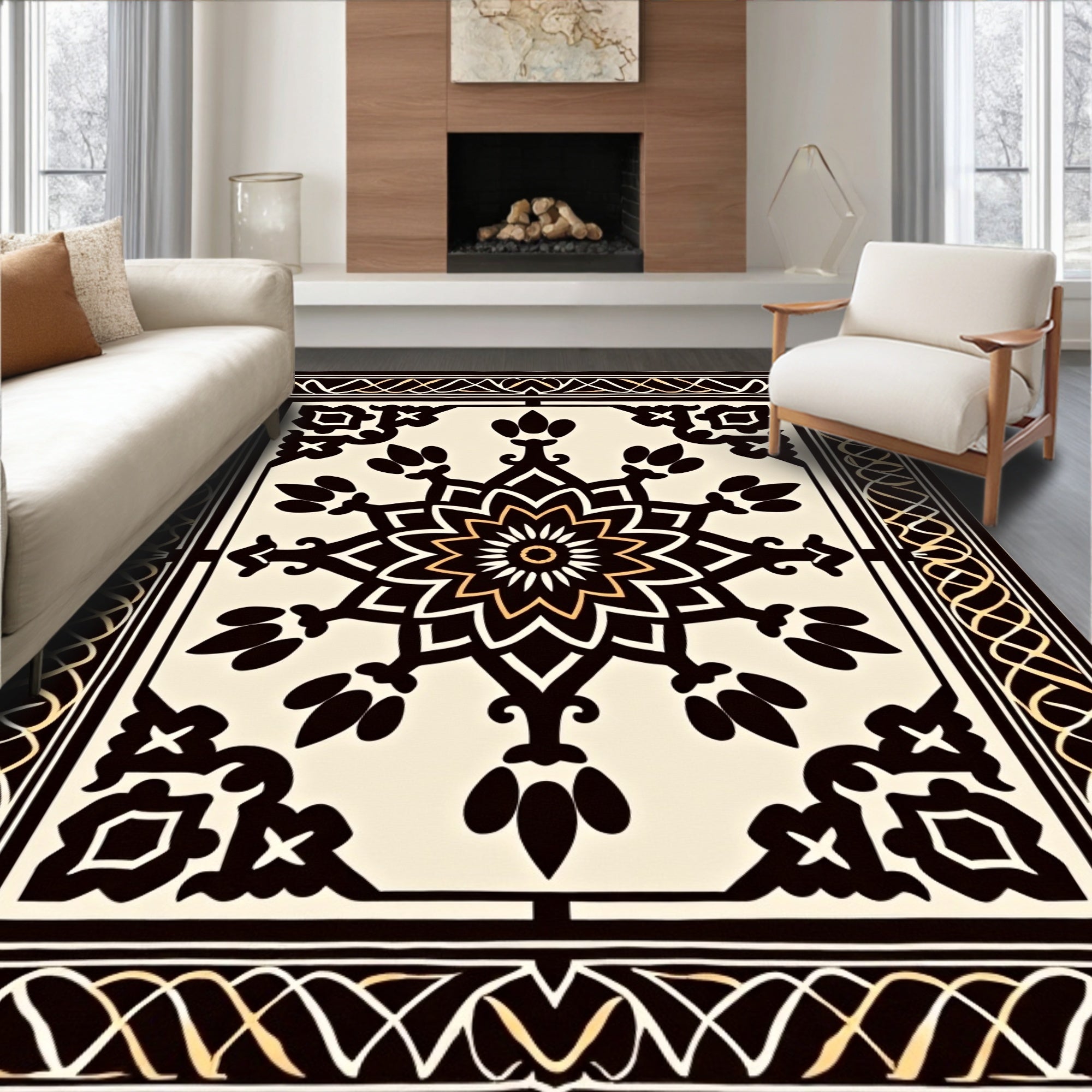Classic Black Gold Medallion Frame Rug