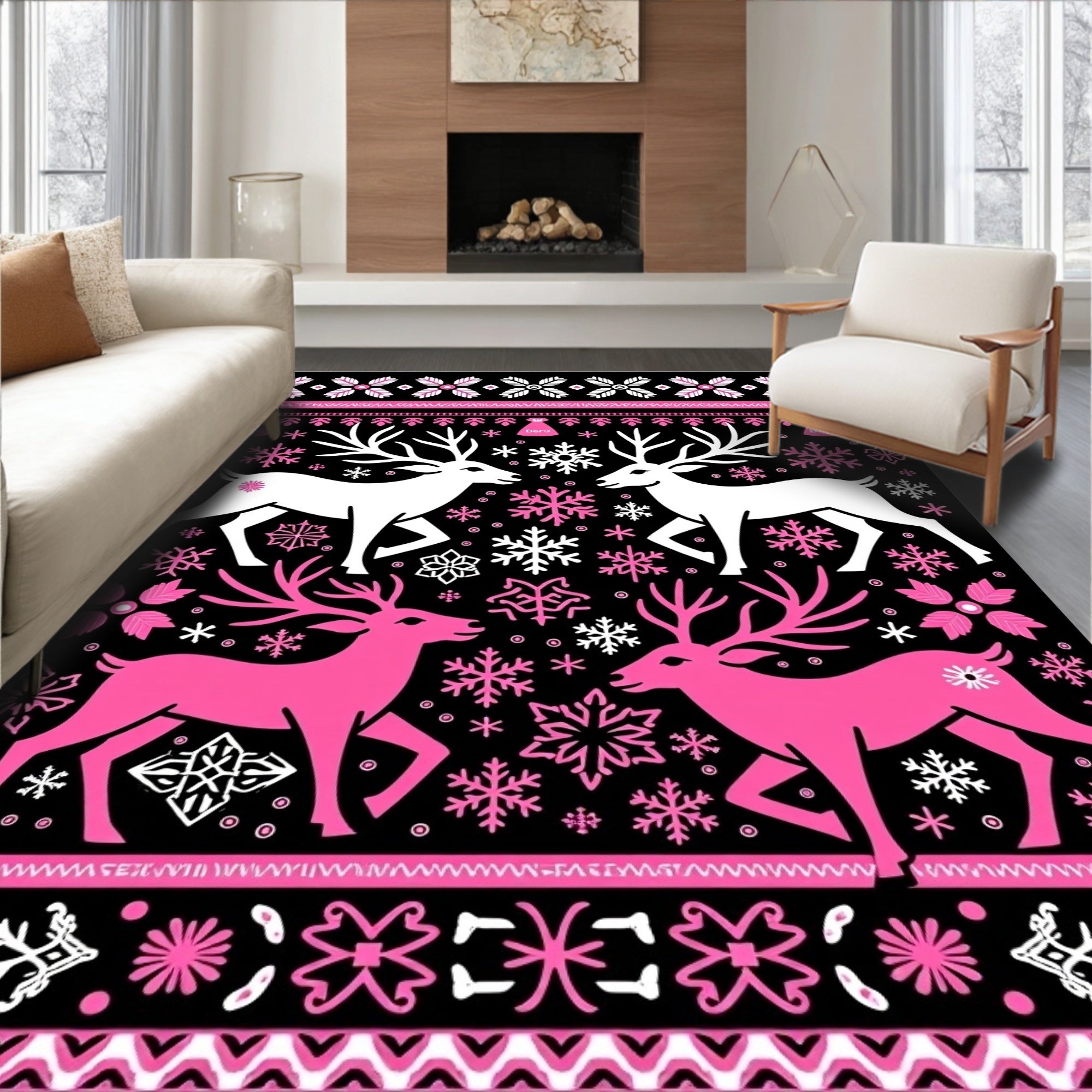 Pink White Deer Snowflake Nordic Rug