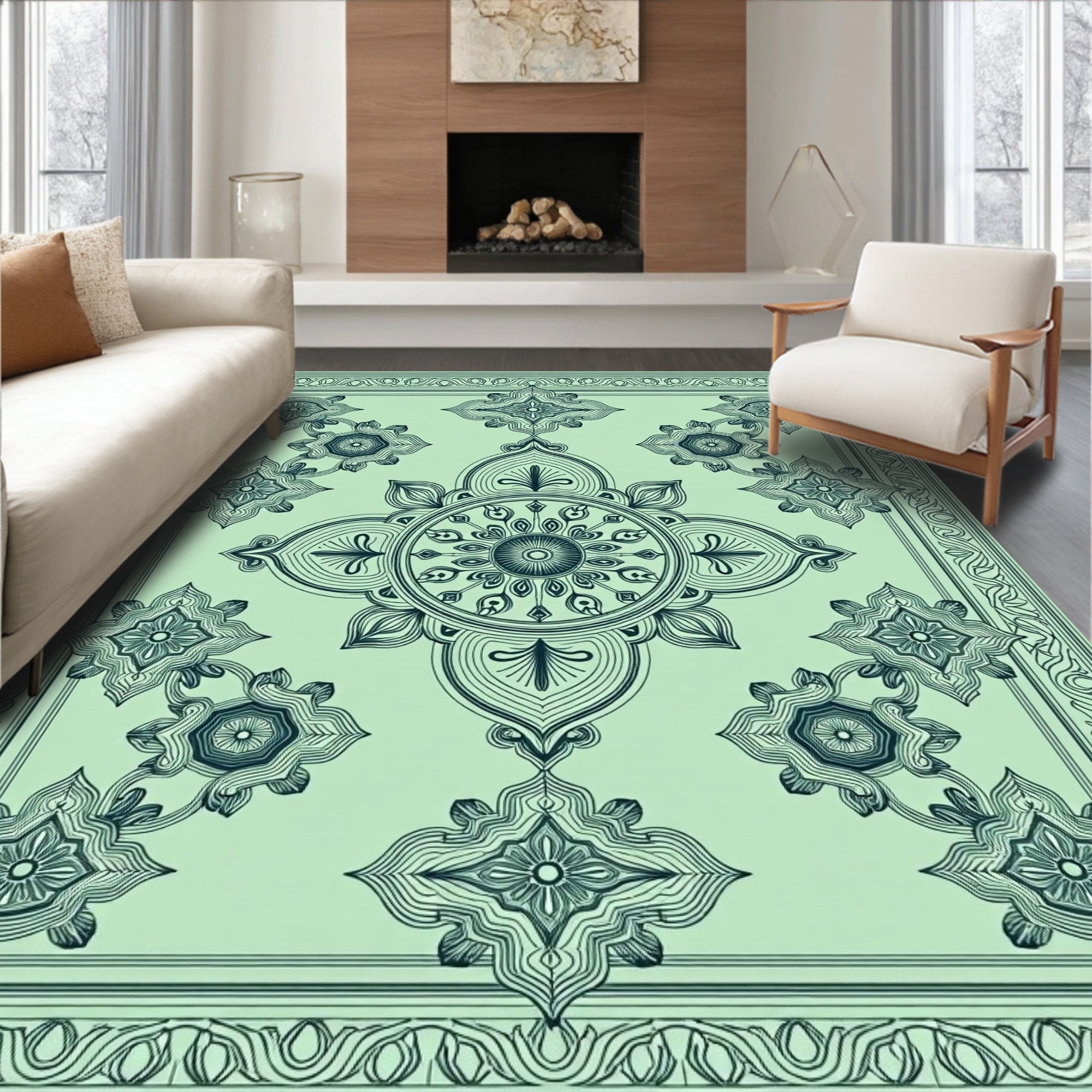 Mint Green Intricate Floral Medallion Rug