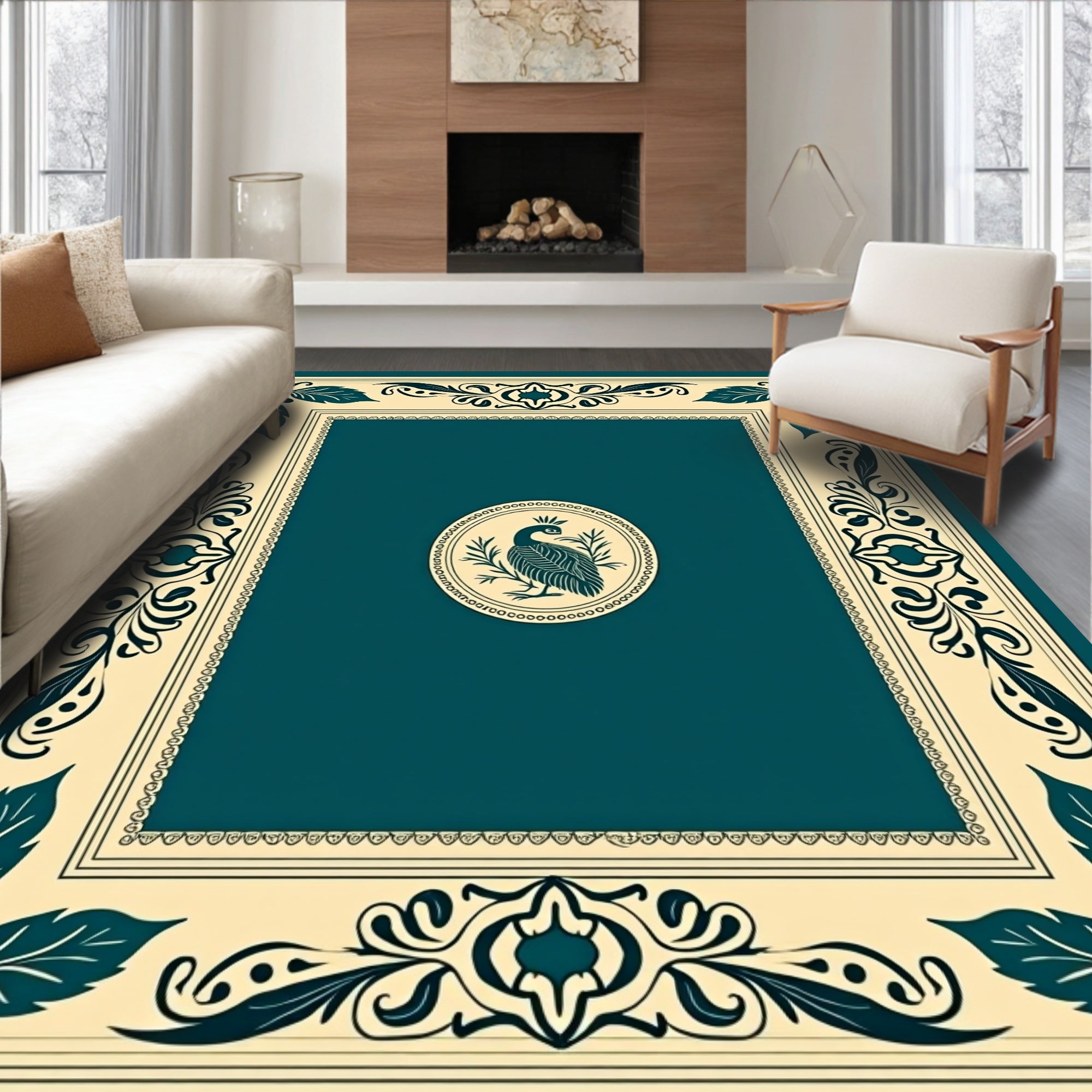 Teal Peacock Oval Border Rug