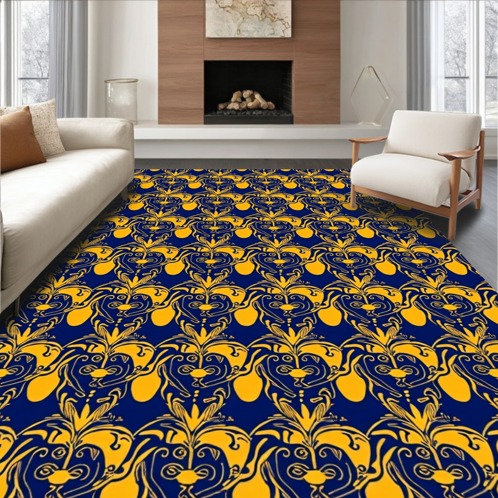 Deep Blue Golden Baroque Scroll Rug