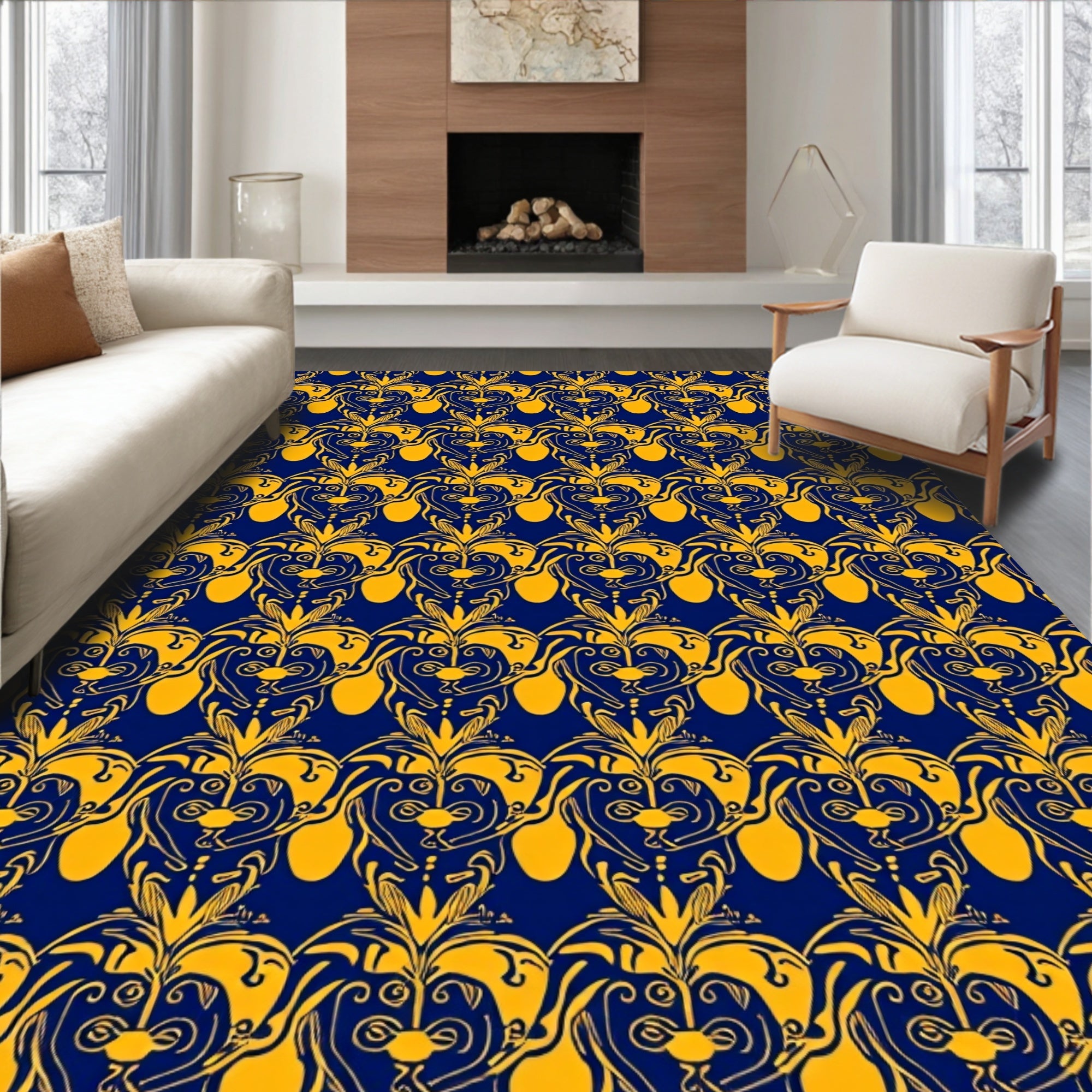 Deep Blue Golden Baroque Scroll Rug