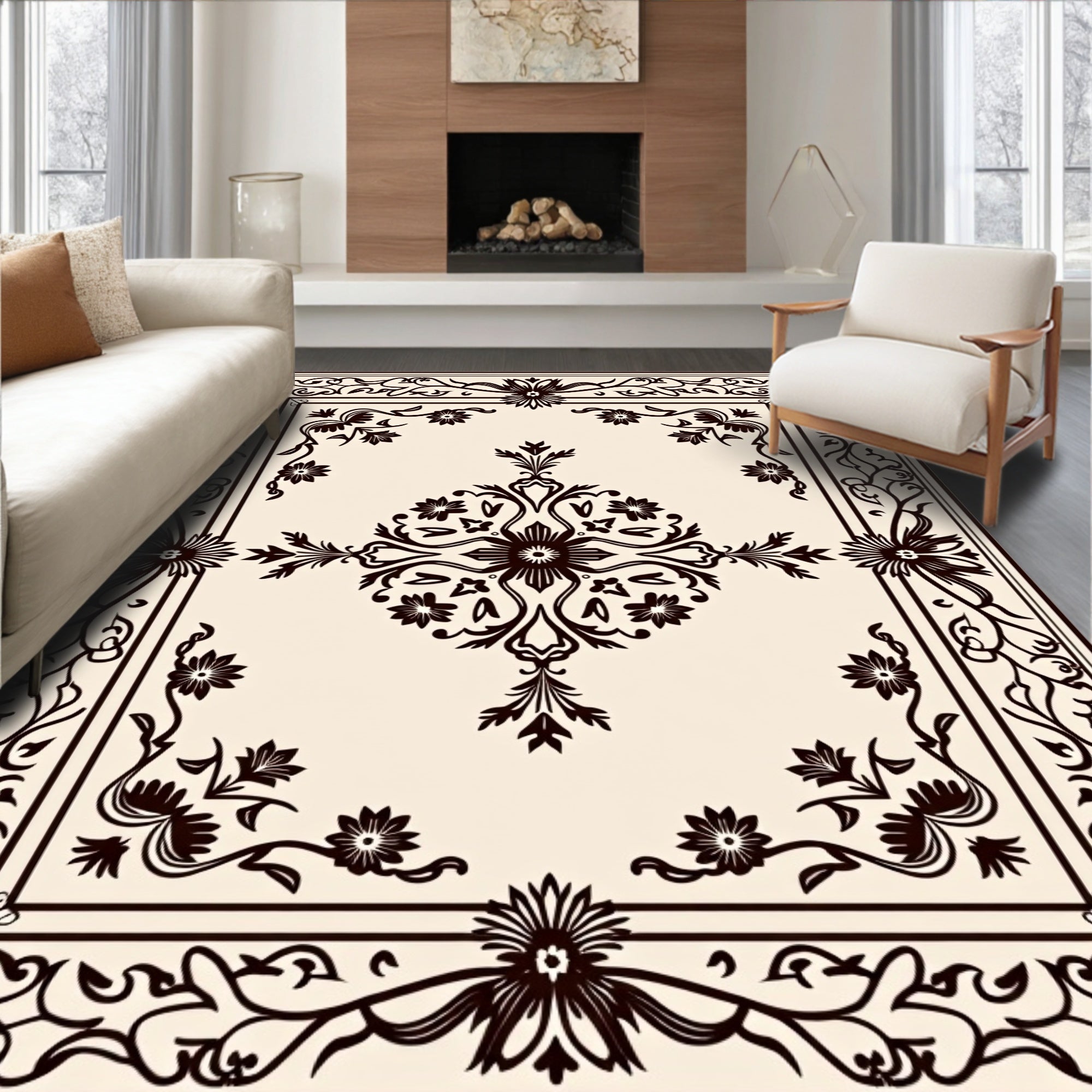 Ornate Black Floral Palmette Scroll Rug