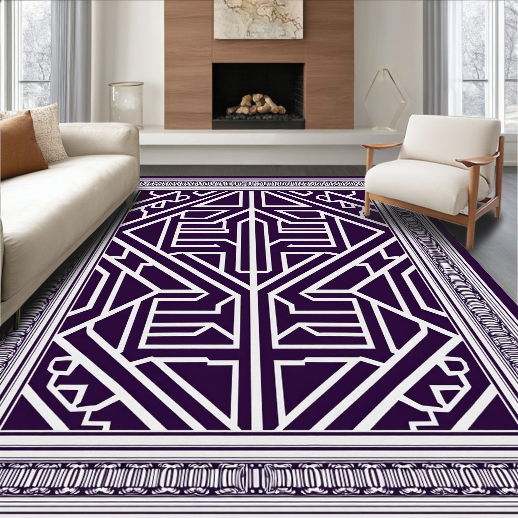 Deep Purple Geometric Art Deco Lines Rug