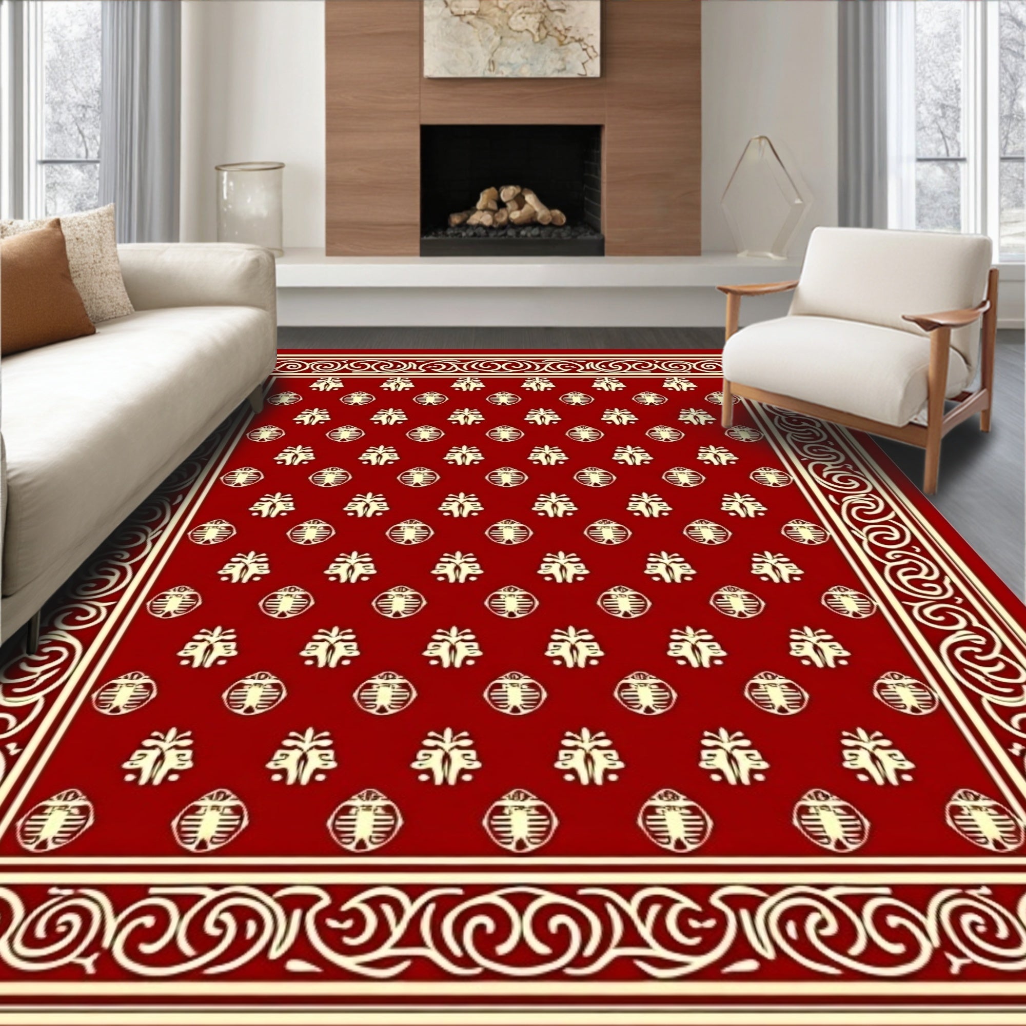 Crimson Red Cream Bordered Medallion Rug
