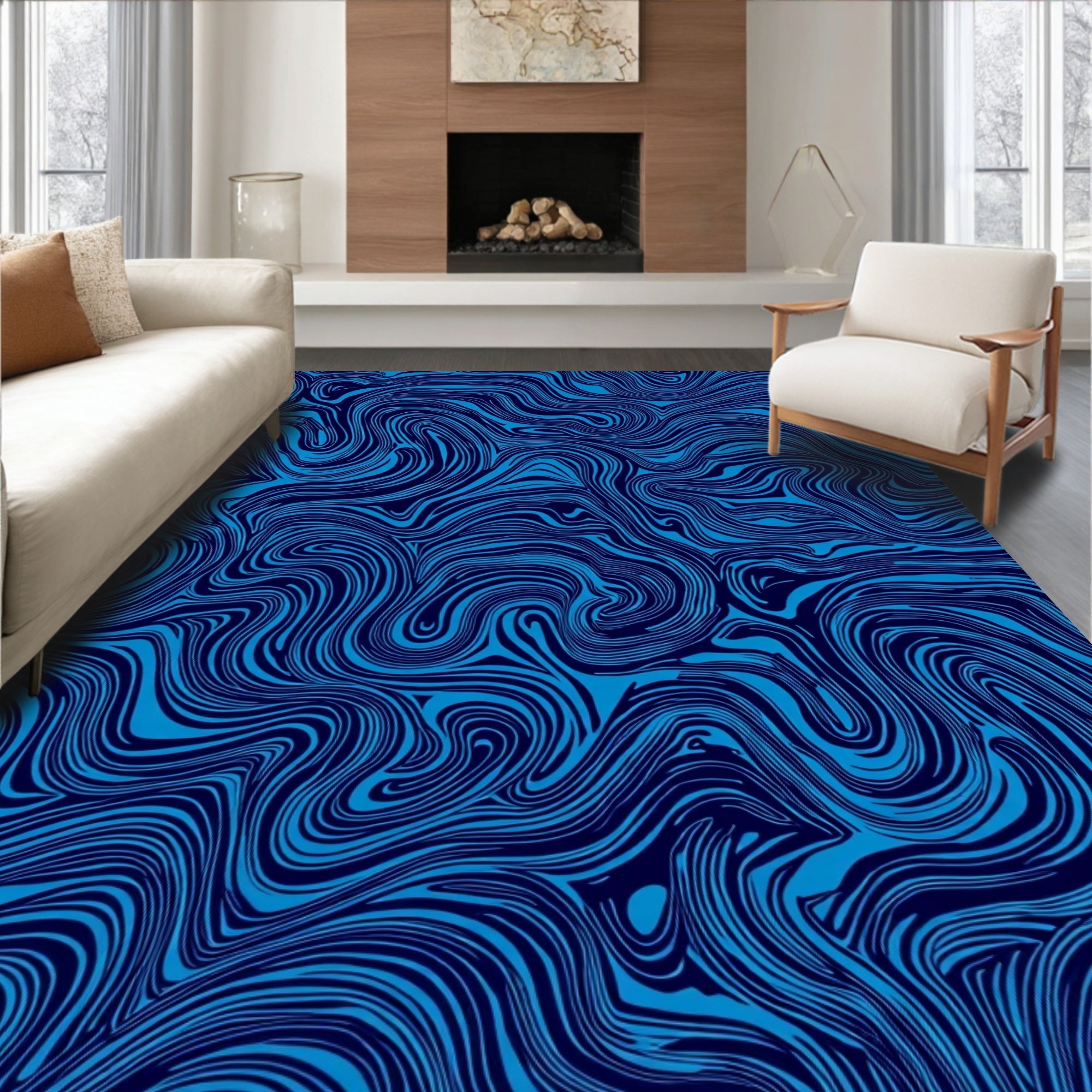 Deep Blue Swirl Abstract Rug