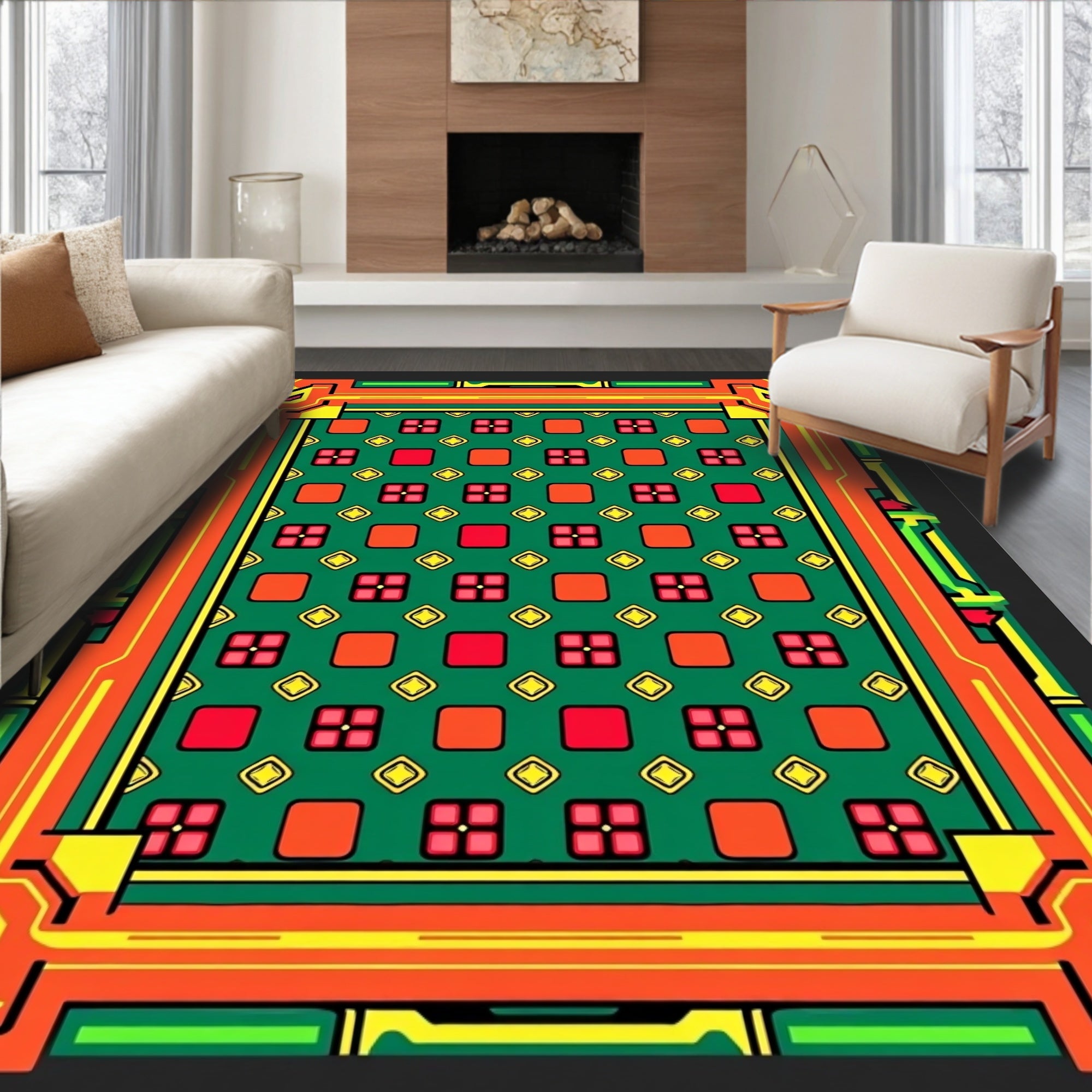 Vibrant Geometric Frame Tropical Garden Rug