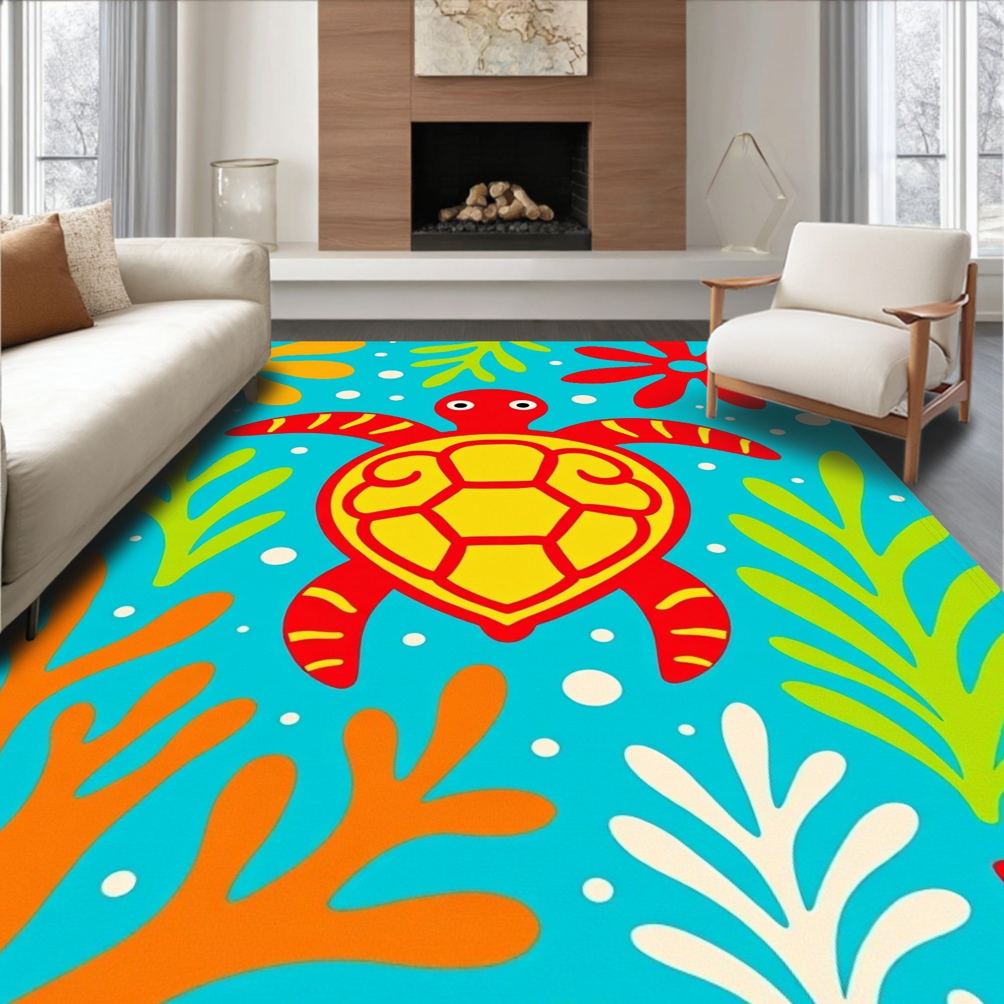 Red Yellow Turtle Ocean Coral Floral Rug