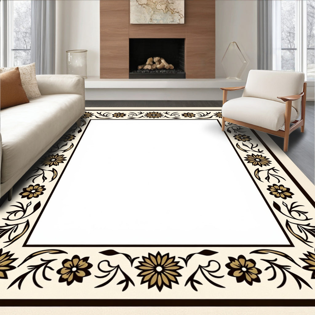 Cream Black Floral Vine Border Rug